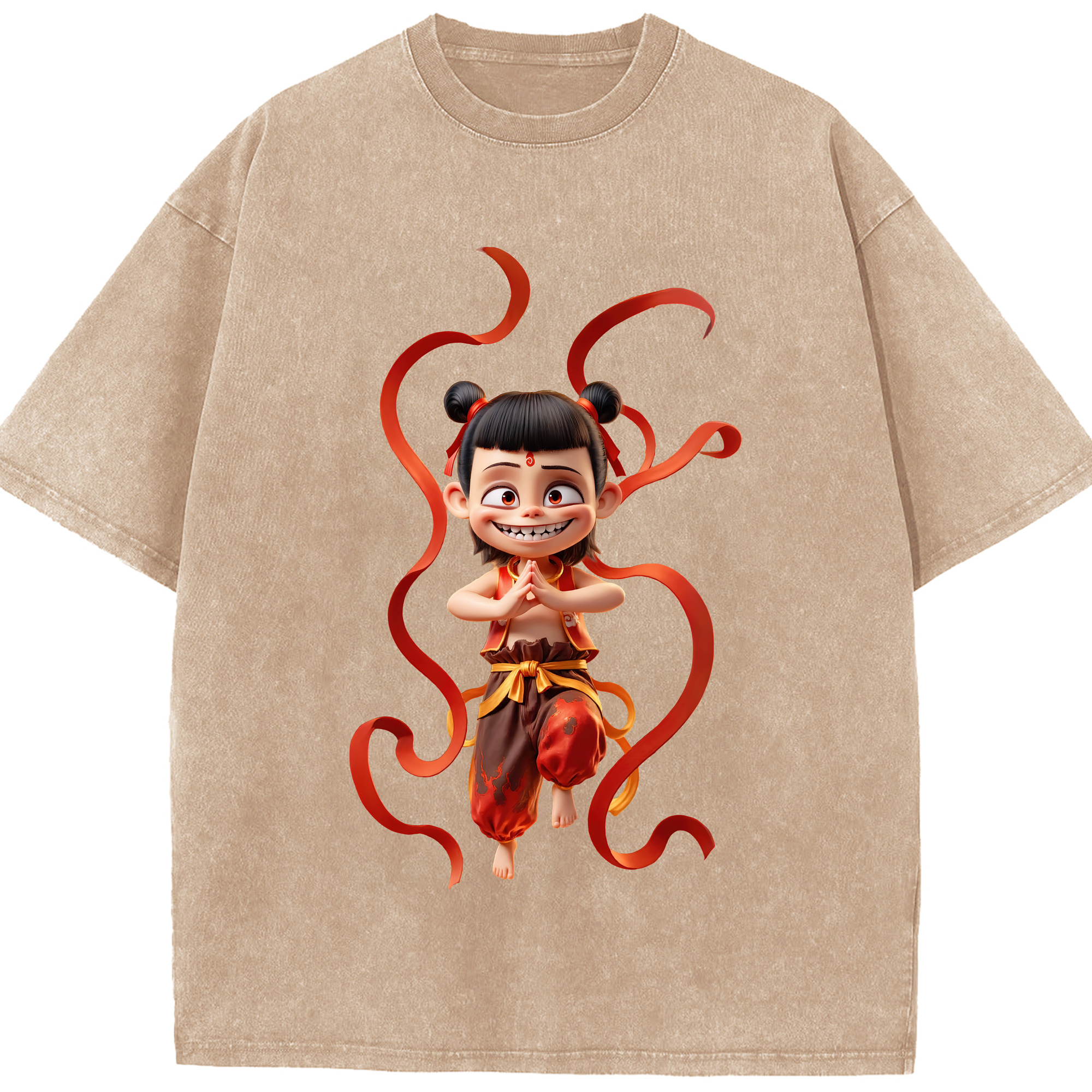 （画像用） Ne Zha 2 ナタ 魔童の大暴れ 綿100% ヴィンテージ風 半袖Tシャツ（フロントプリント）