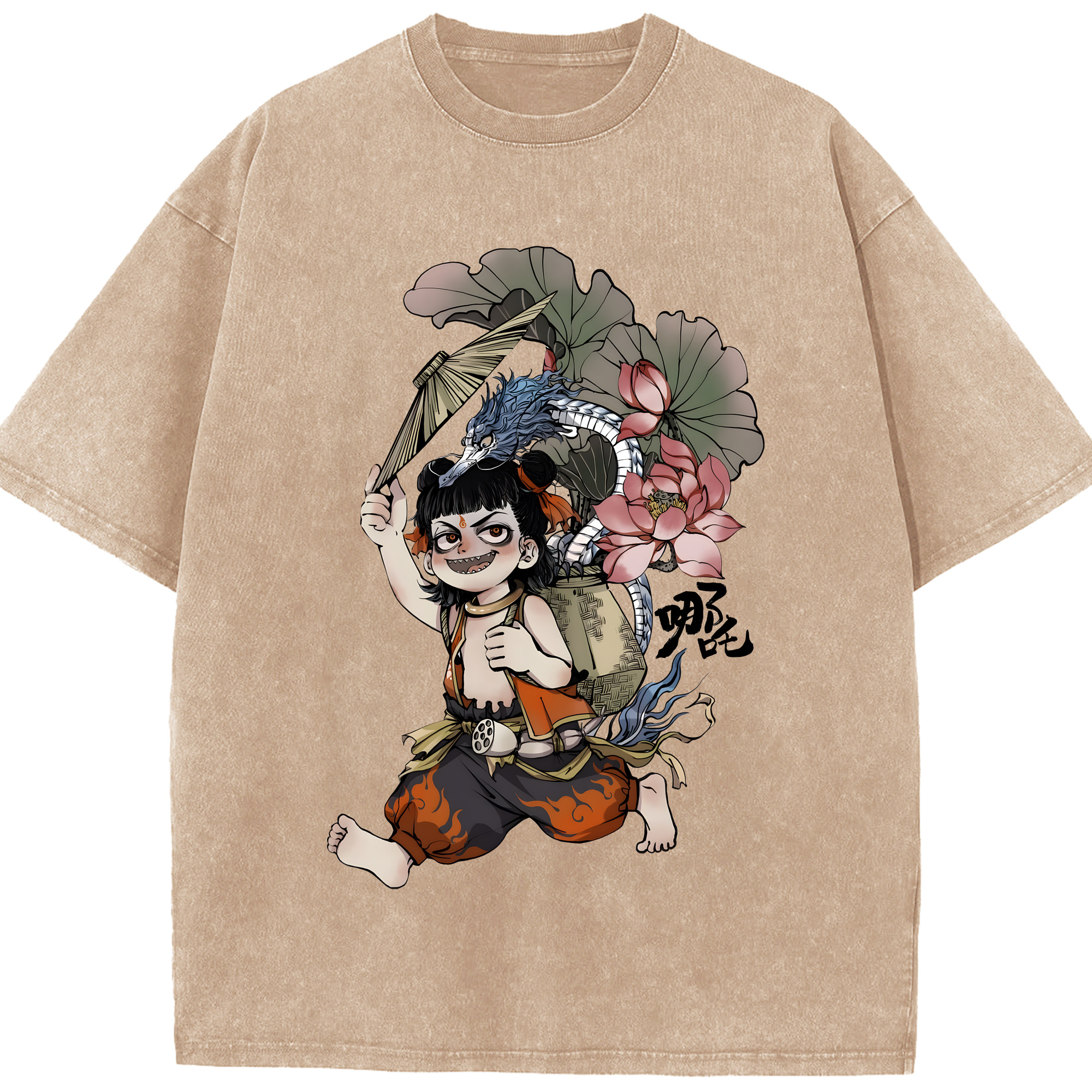 （画像用） Ne Zha 2 ナタ 魔童の大暴れ 綿100% ヴィンテージ風 半袖Tシャツ（フロントプリント）