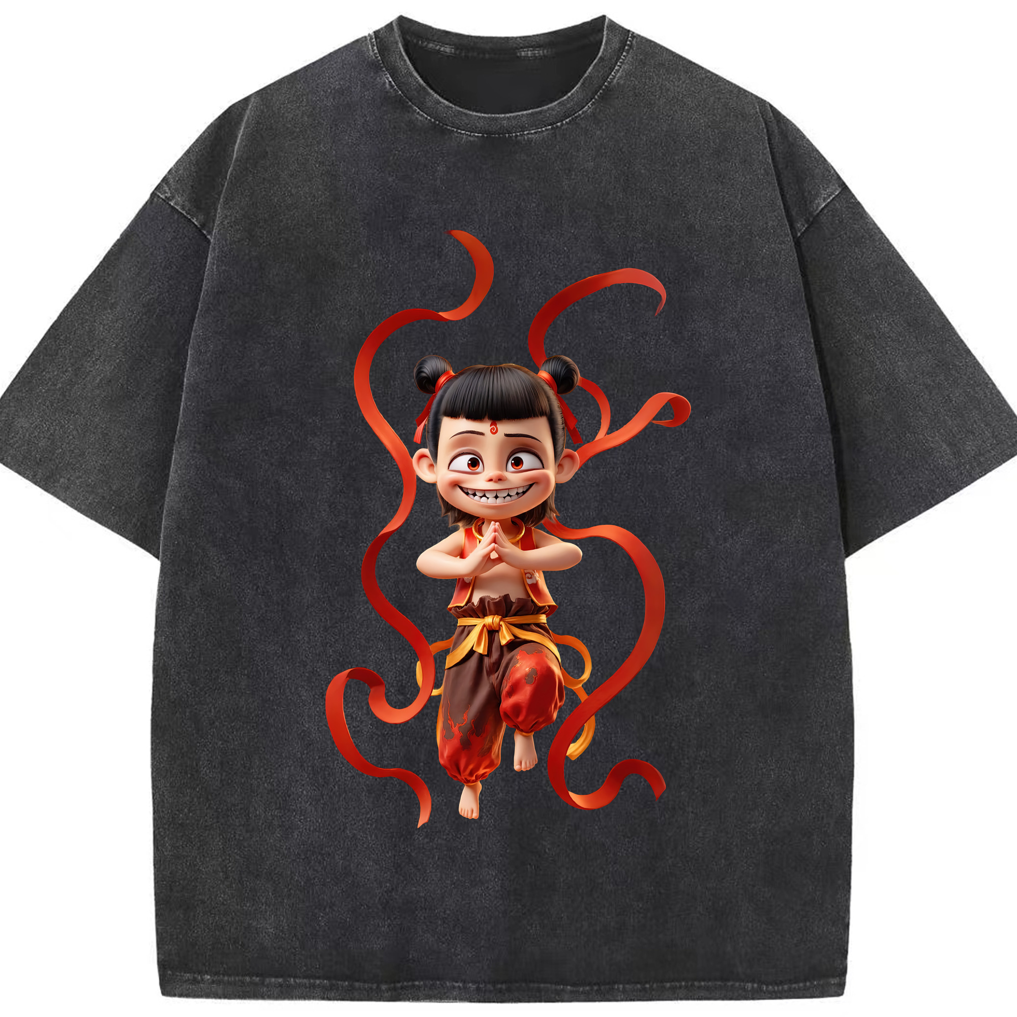 （画像用） Ne Zha 2 ナタ 魔童の大暴れ 綿100% ヴィンテージ風 半袖Tシャツ（フロントプリント）