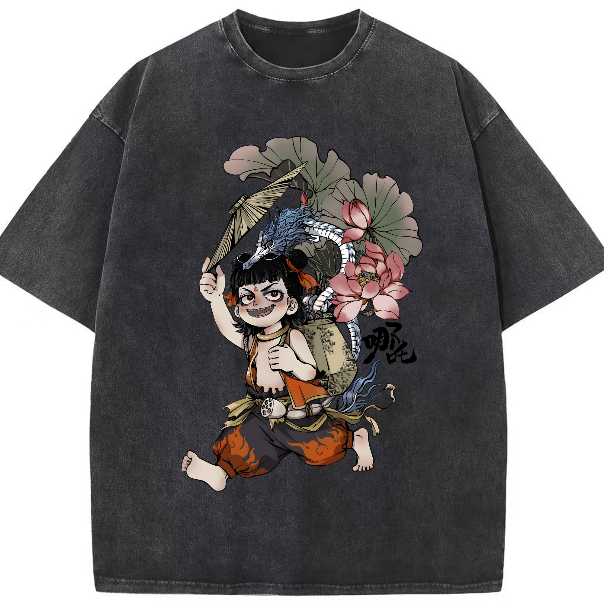 （画像用） Ne Zha 2 ナタ 魔童の大暴れ 綿100% ヴィンテージ風 半袖Tシャツ（フロントプリント）