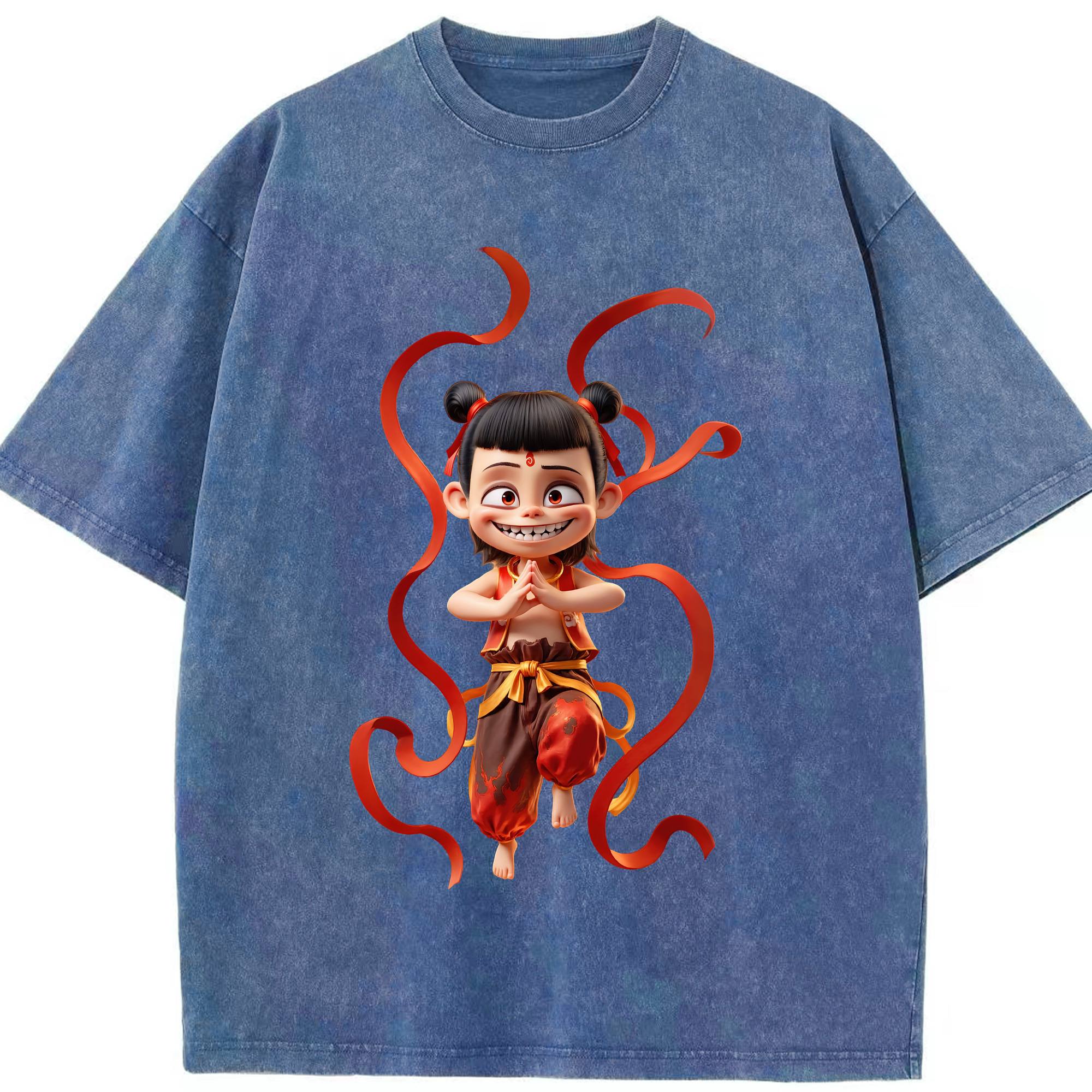 （画像用） Ne Zha 2 ナタ 魔童の大暴れ 綿100% ヴィンテージ風 半袖Tシャツ（フロントプリント）