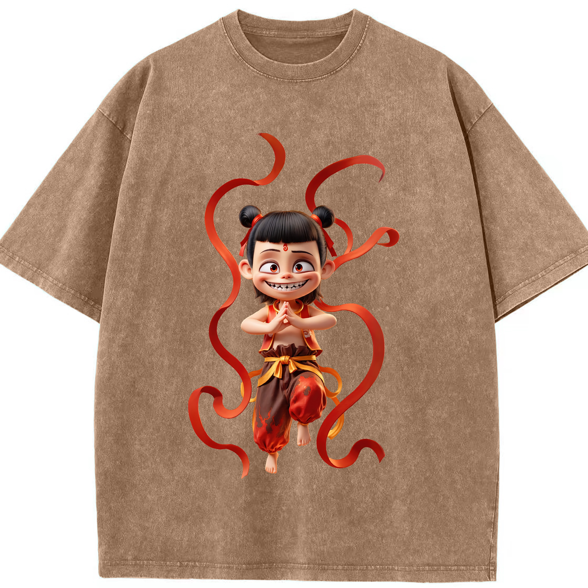 （画像用） Ne Zha 2 ナタ 魔童の大暴れ 綿100% ヴィンテージ風 半袖Tシャツ（フロントプリント）