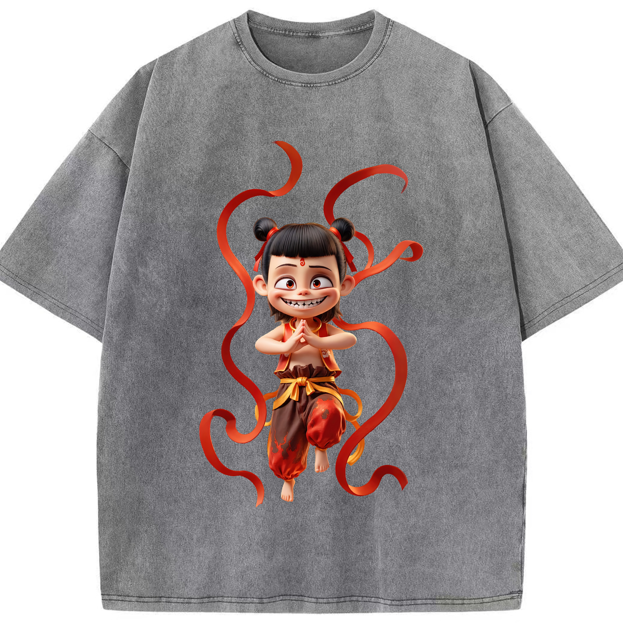 （画像用） Ne Zha 2 ナタ 魔童の大暴れ 綿100% ヴィンテージ風 半袖Tシャツ（フロントプリント）