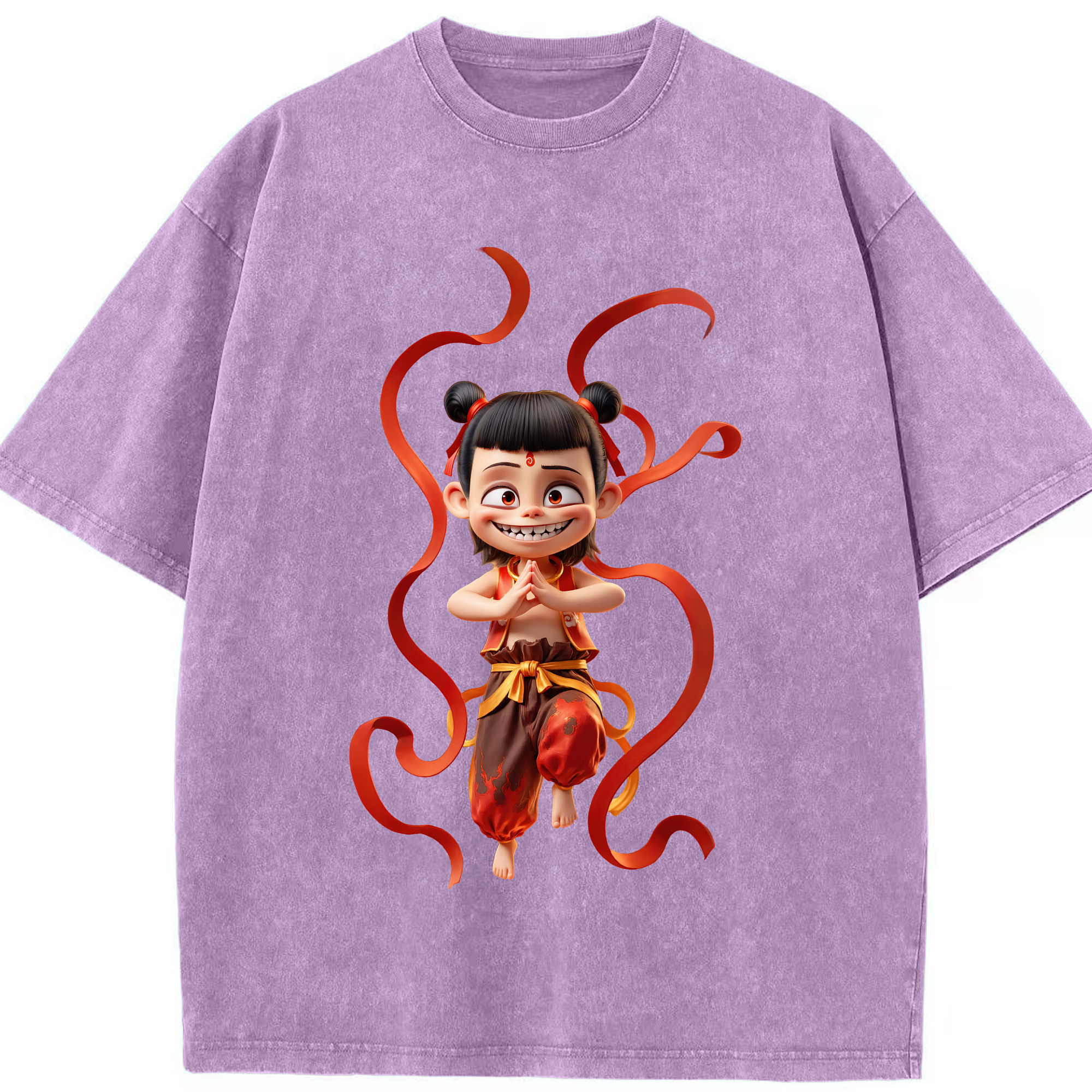 （画像用） Ne Zha 2 ナタ 魔童の大暴れ 綿100% ヴィンテージ風 半袖Tシャツ（フロントプリント）