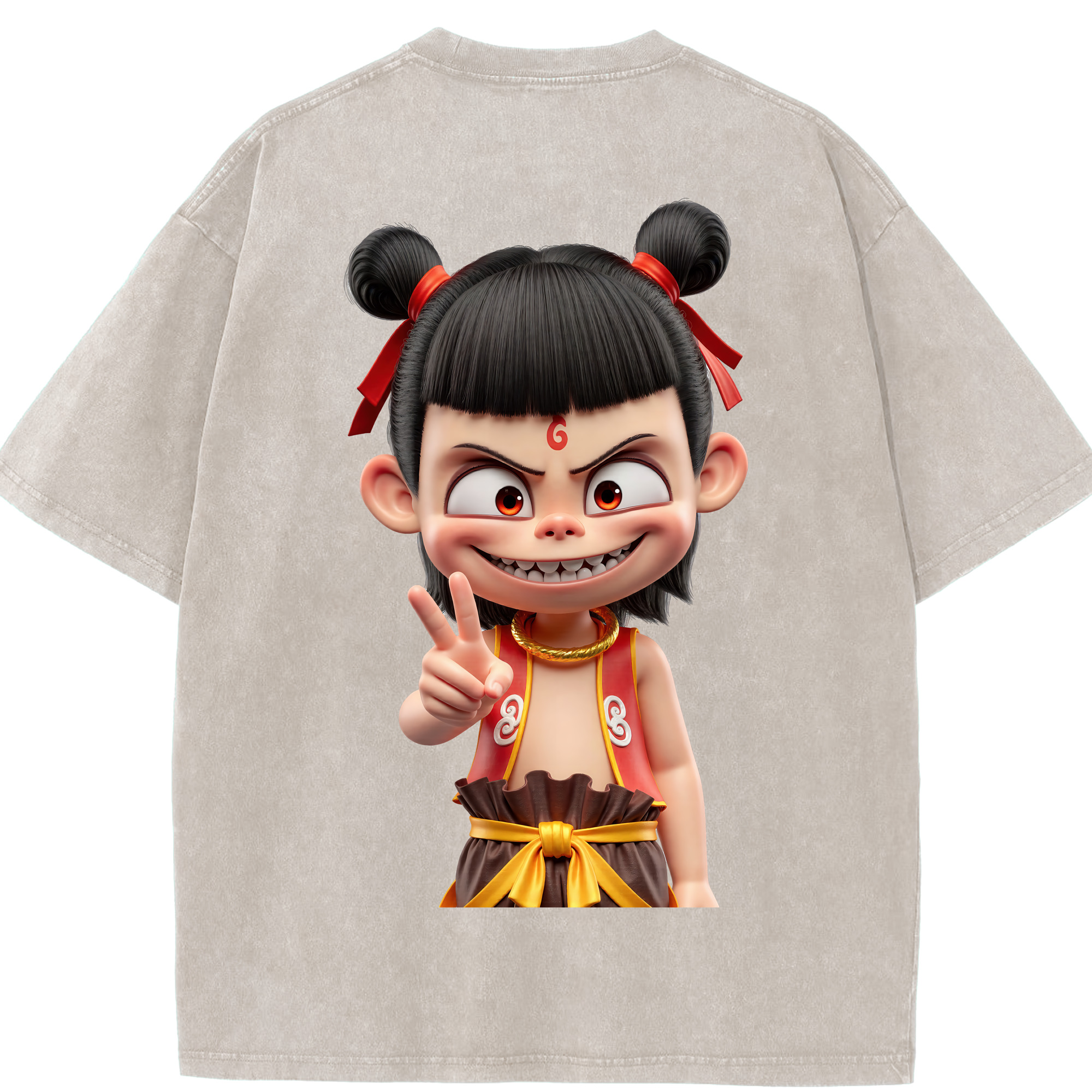 （画像用） Ne Zha 2 ナタ 魔童の大暴れ 綿100% ヴィンテージ風 半袖Tシャツ（背面プリント）