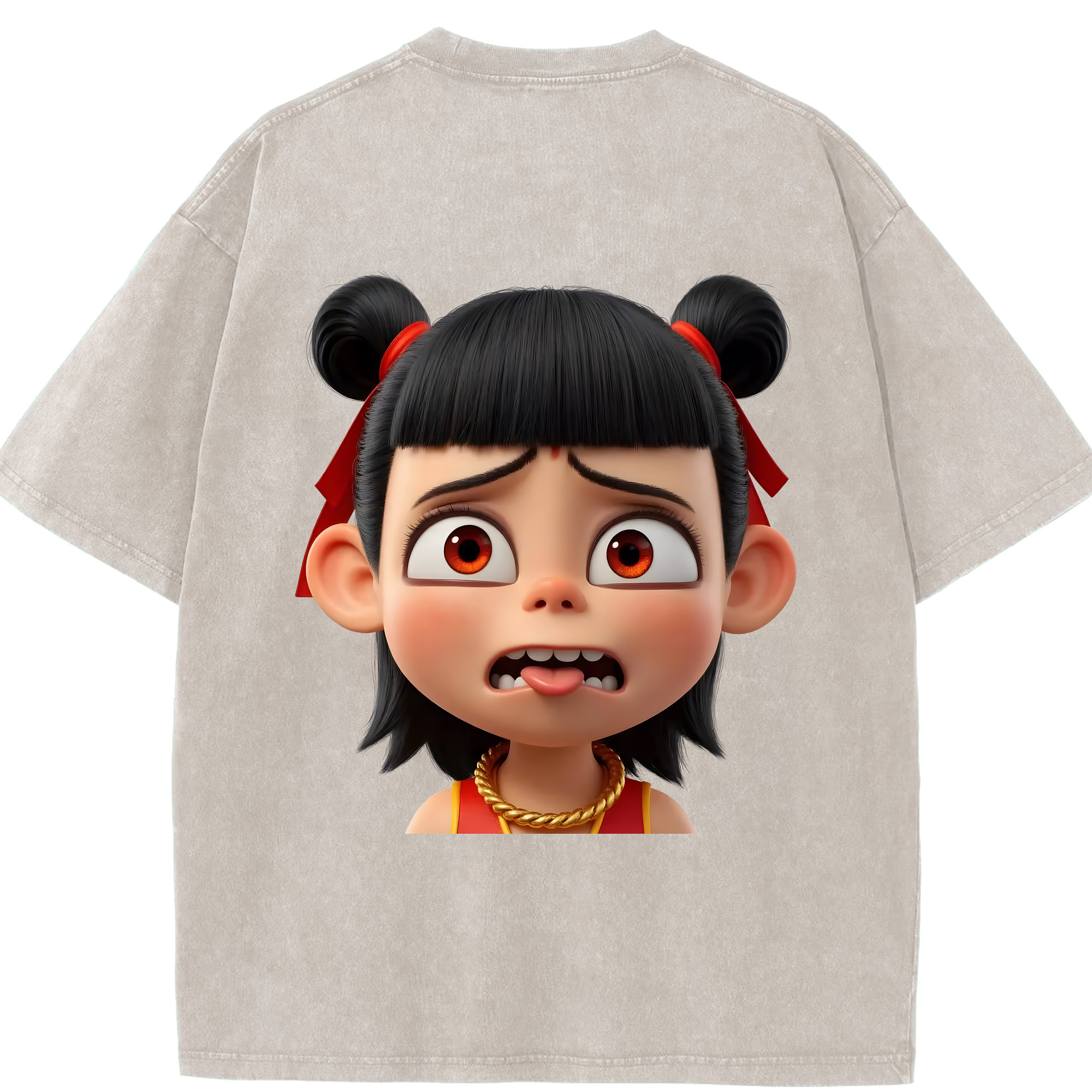 （画像用） Ne Zha 2 ナタ 魔童の大暴れ 綿100% ヴィンテージ風 半袖Tシャツ（背面プリント）