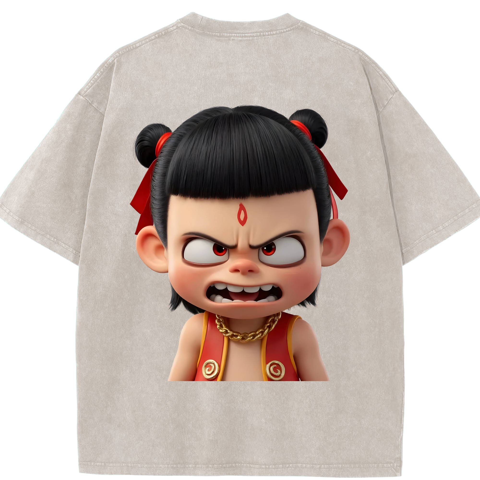 （画像用） Ne Zha 2 ナタ 魔童の大暴れ 綿100% ヴィンテージ風 半袖Tシャツ（背面プリント）