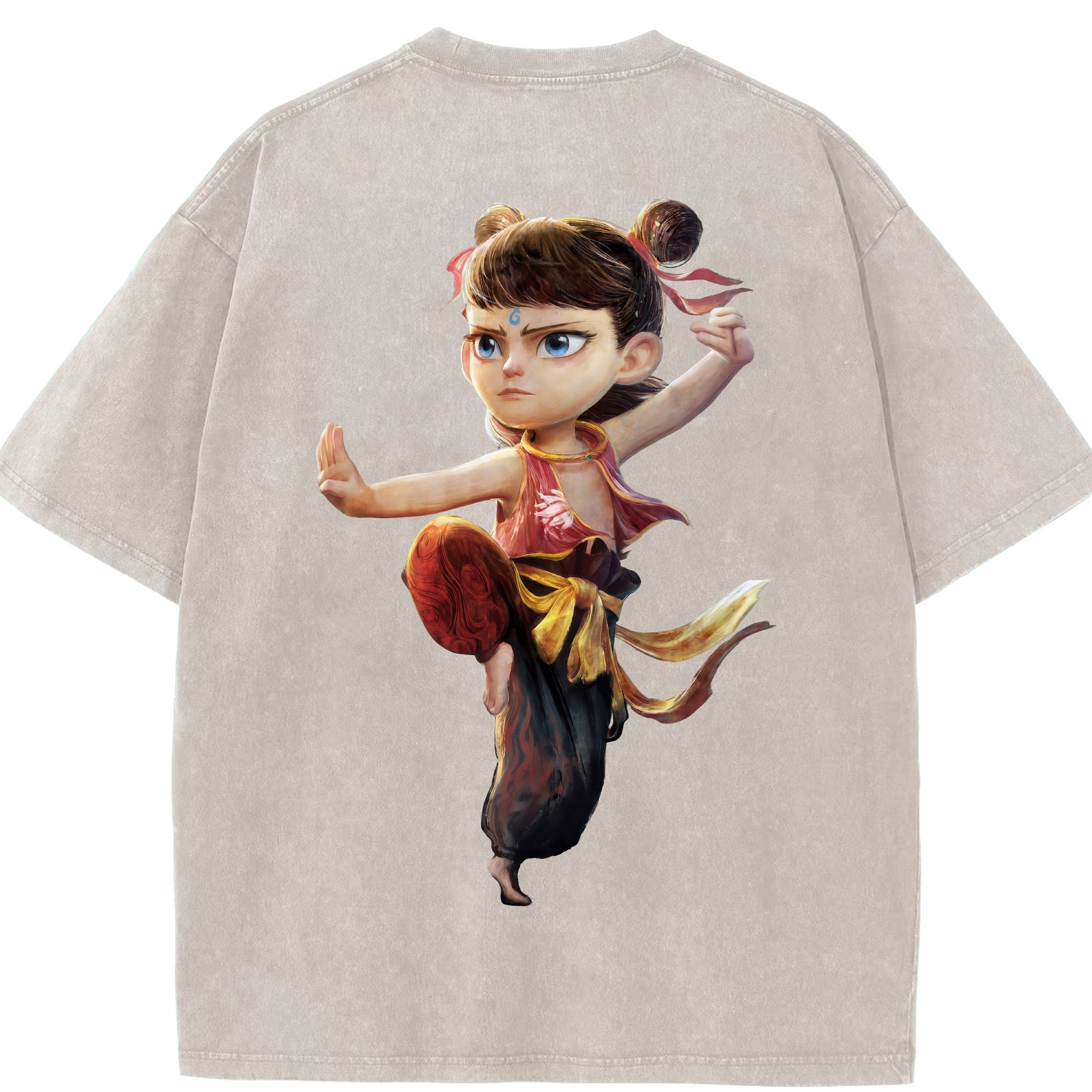 （画像用） Ne Zha 2 ナタ 魔童の大暴れ 綿100% ヴィンテージ風 半袖Tシャツ（背面プリント）