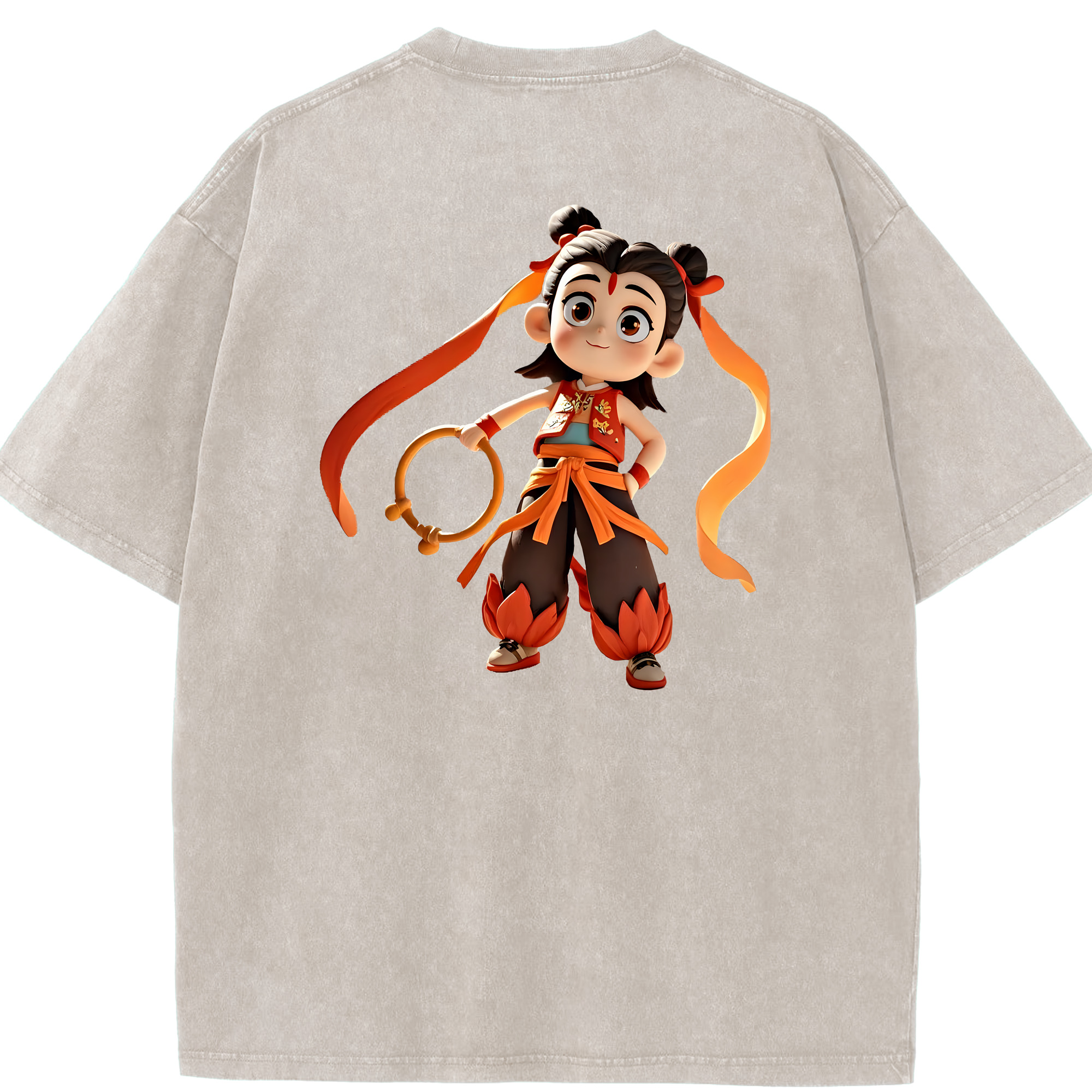 （画像用） Ne Zha 2 ナタ 魔童の大暴れ 綿100% ヴィンテージ風 半袖Tシャツ（背面プリント）