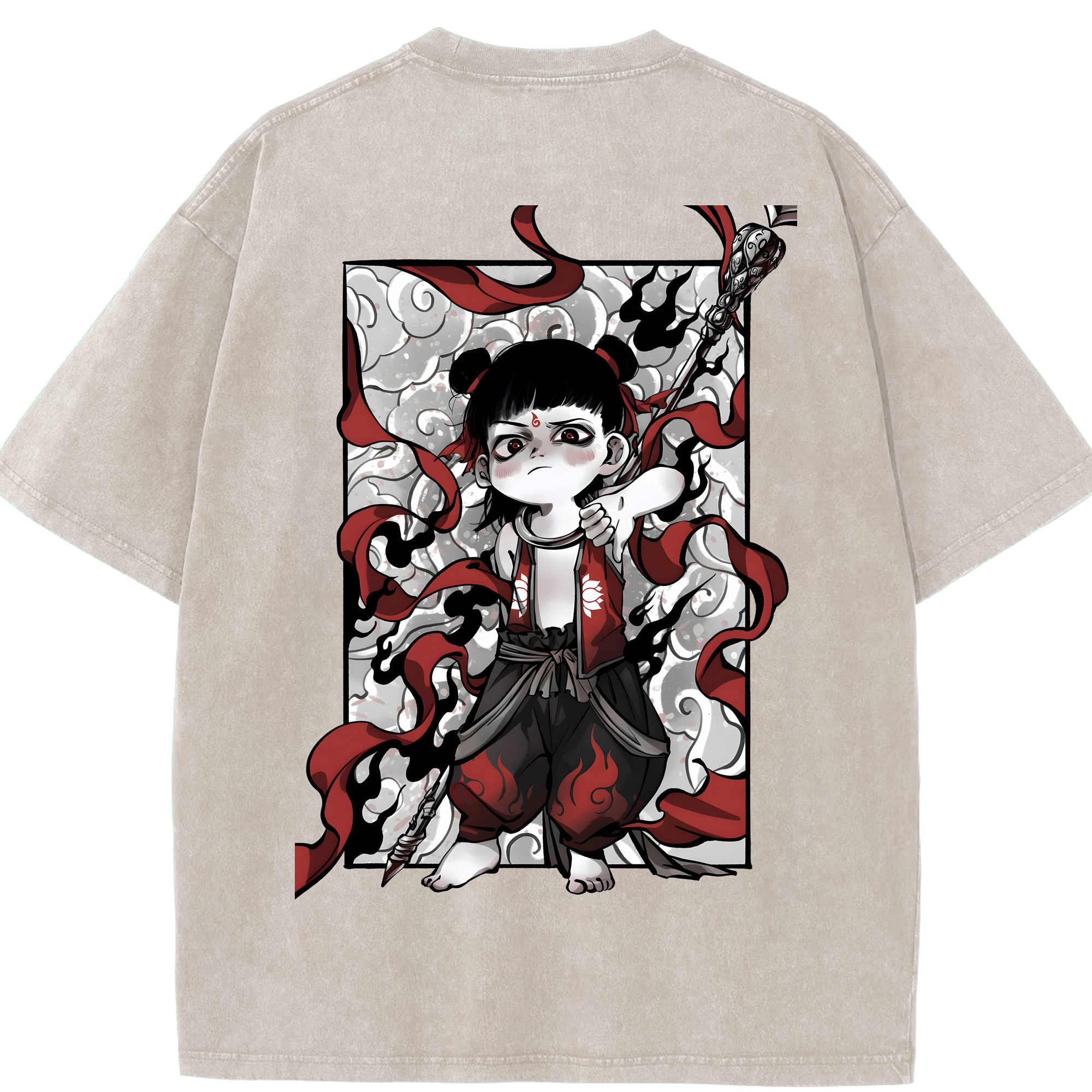 （画像用） Ne Zha 2 ナタ 魔童の大暴れ 綿100% ヴィンテージ風 半袖Tシャツ（背面プリント）
