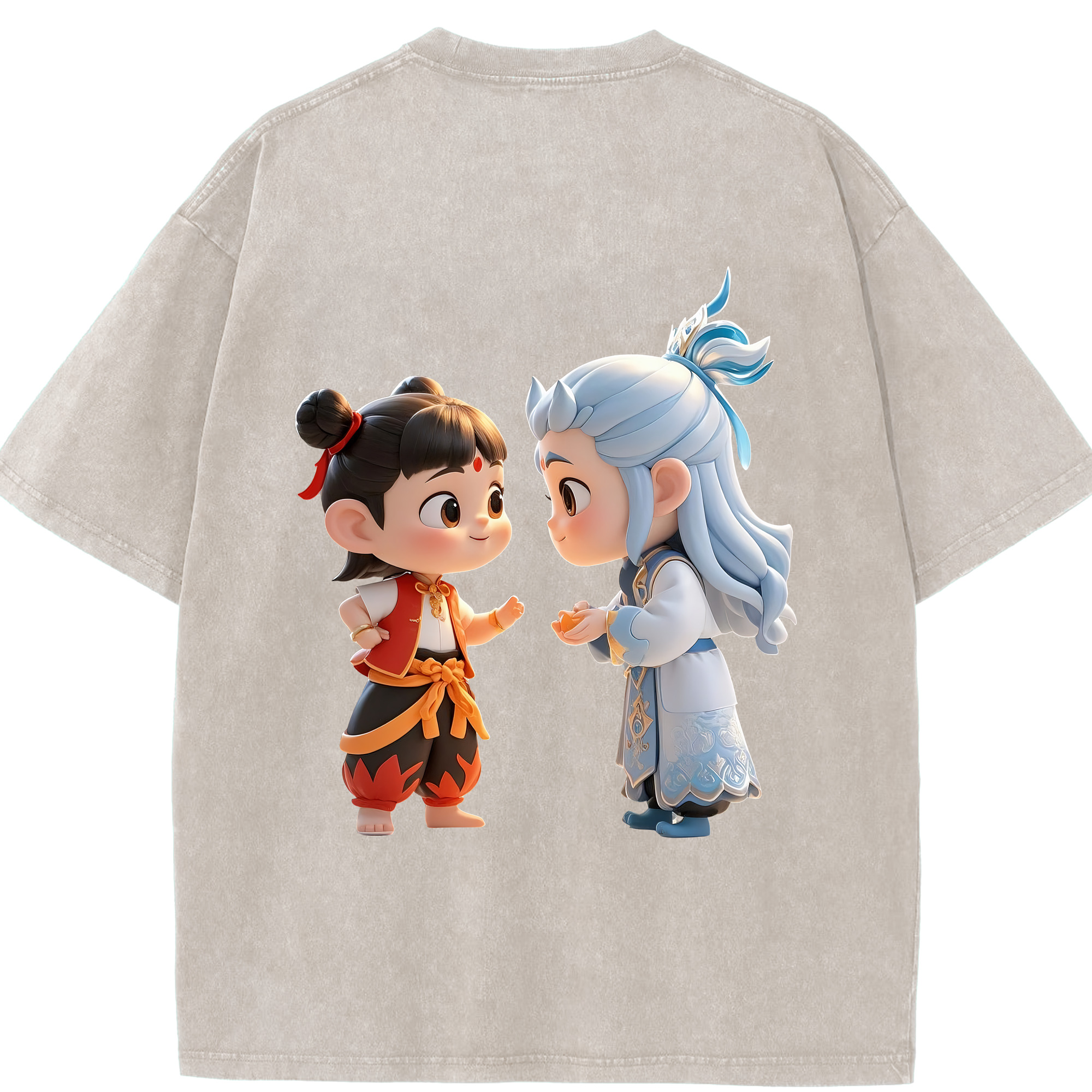 （画像用） Ne Zha 2 ナタ 魔童の大暴れ 綿100% ヴィンテージ風 半袖Tシャツ（背面プリント）