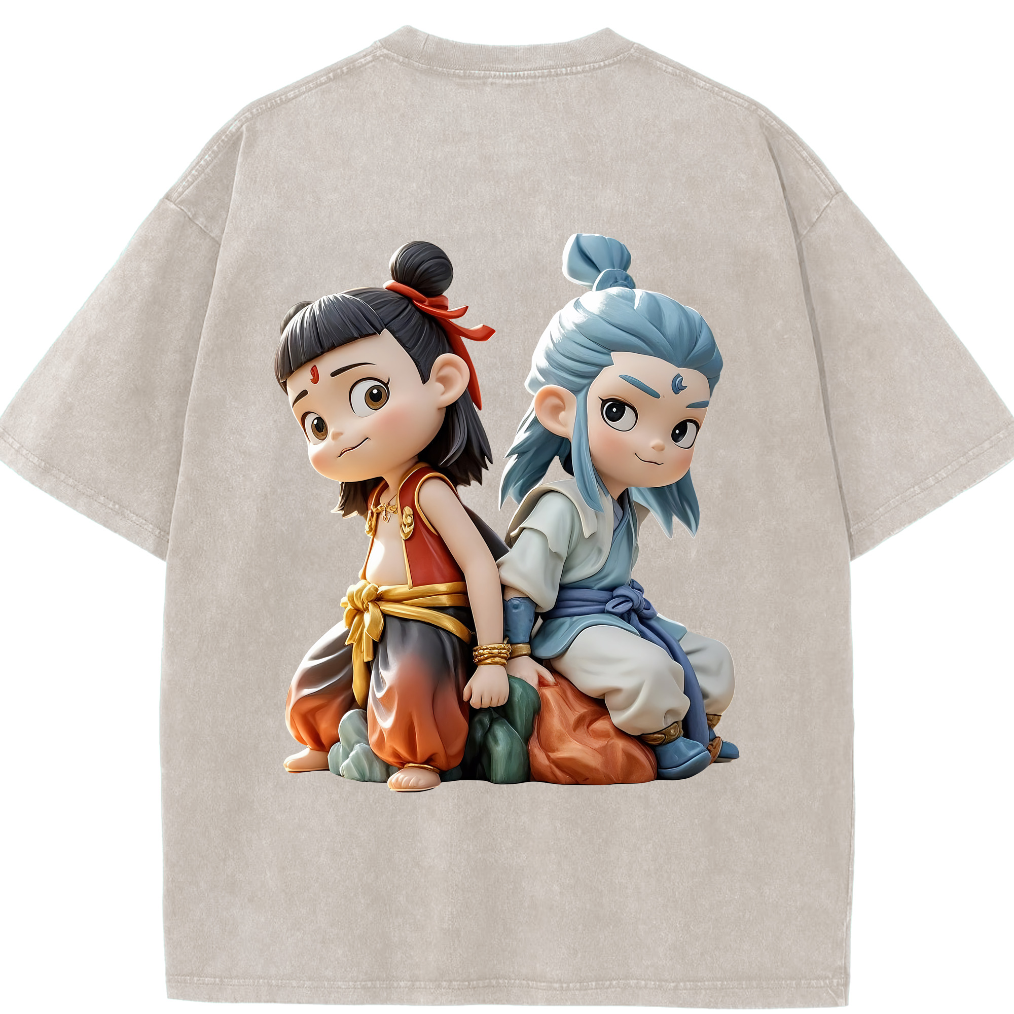 （画像用） Ne Zha 2 ナタ 魔童の大暴れ 綿100% ヴィンテージ風 半袖Tシャツ（背面プリント）
