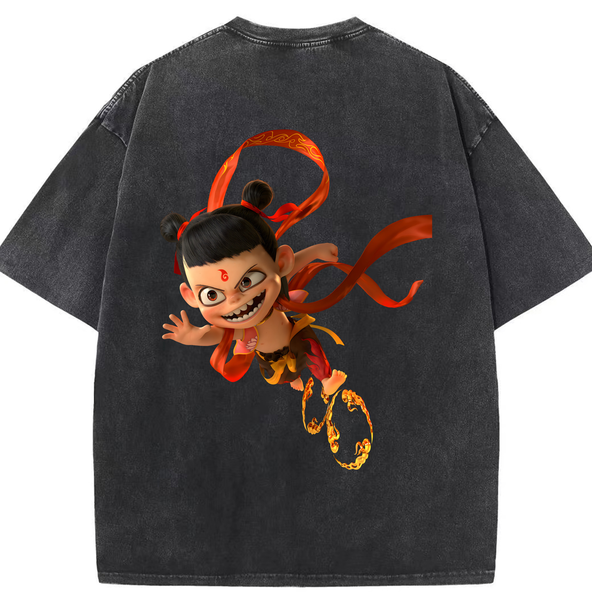 （画像用） Ne Zha 2 ナタ 魔童の大暴れ 綿100% ヴィンテージ風 半袖Tシャツ（背面プリント）