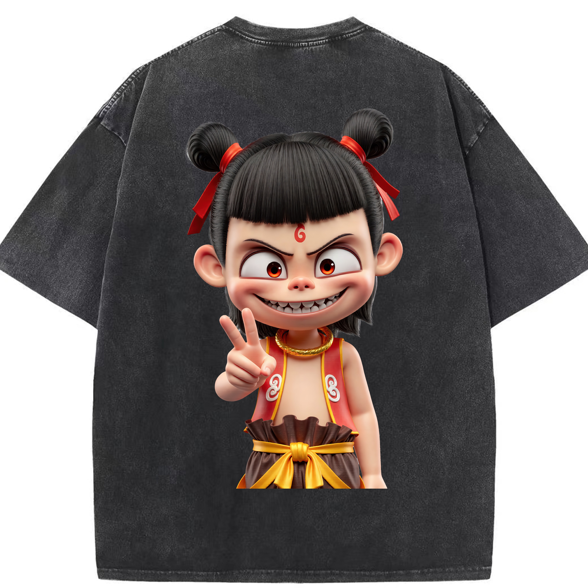 （画像用） Ne Zha 2 ナタ 魔童の大暴れ 綿100% ヴィンテージ風 半袖Tシャツ（背面プリント）