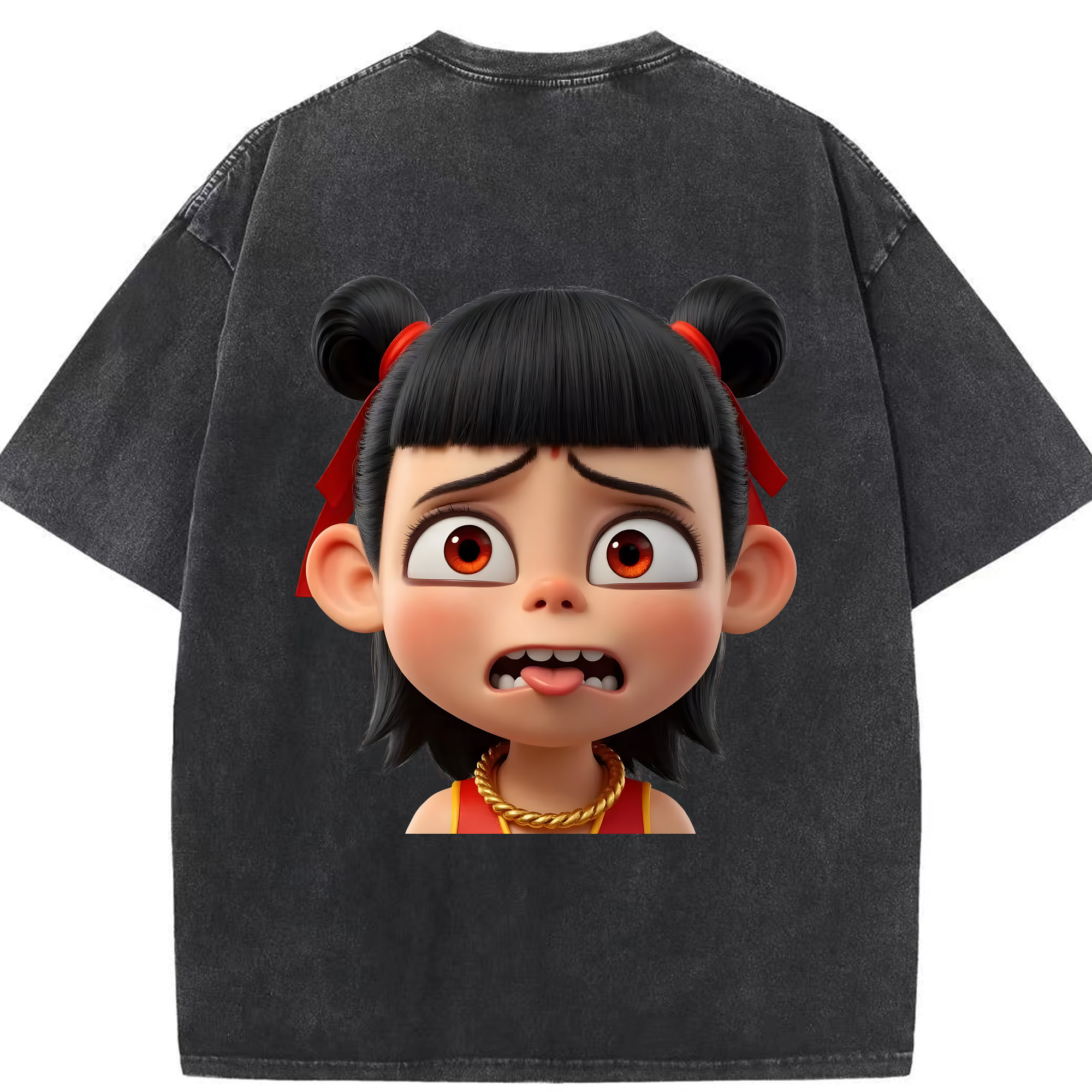 （画像用） Ne Zha 2 ナタ 魔童の大暴れ 綿100% ヴィンテージ風 半袖Tシャツ（背面プリント）