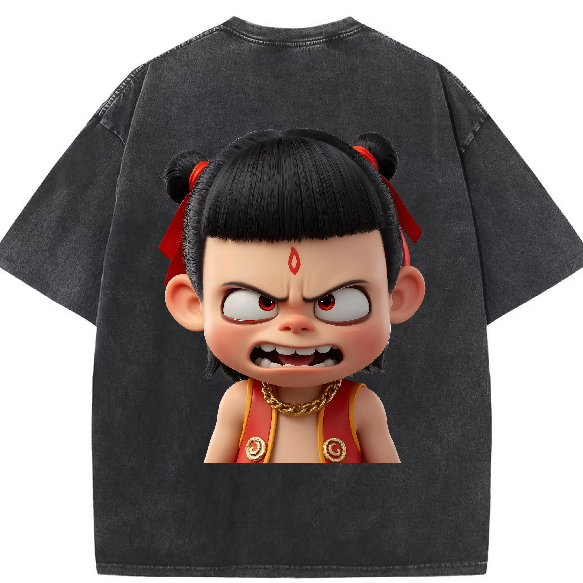 （画像用） Ne Zha 2 ナタ 魔童の大暴れ 綿100% ヴィンテージ風 半袖Tシャツ（背面プリント）