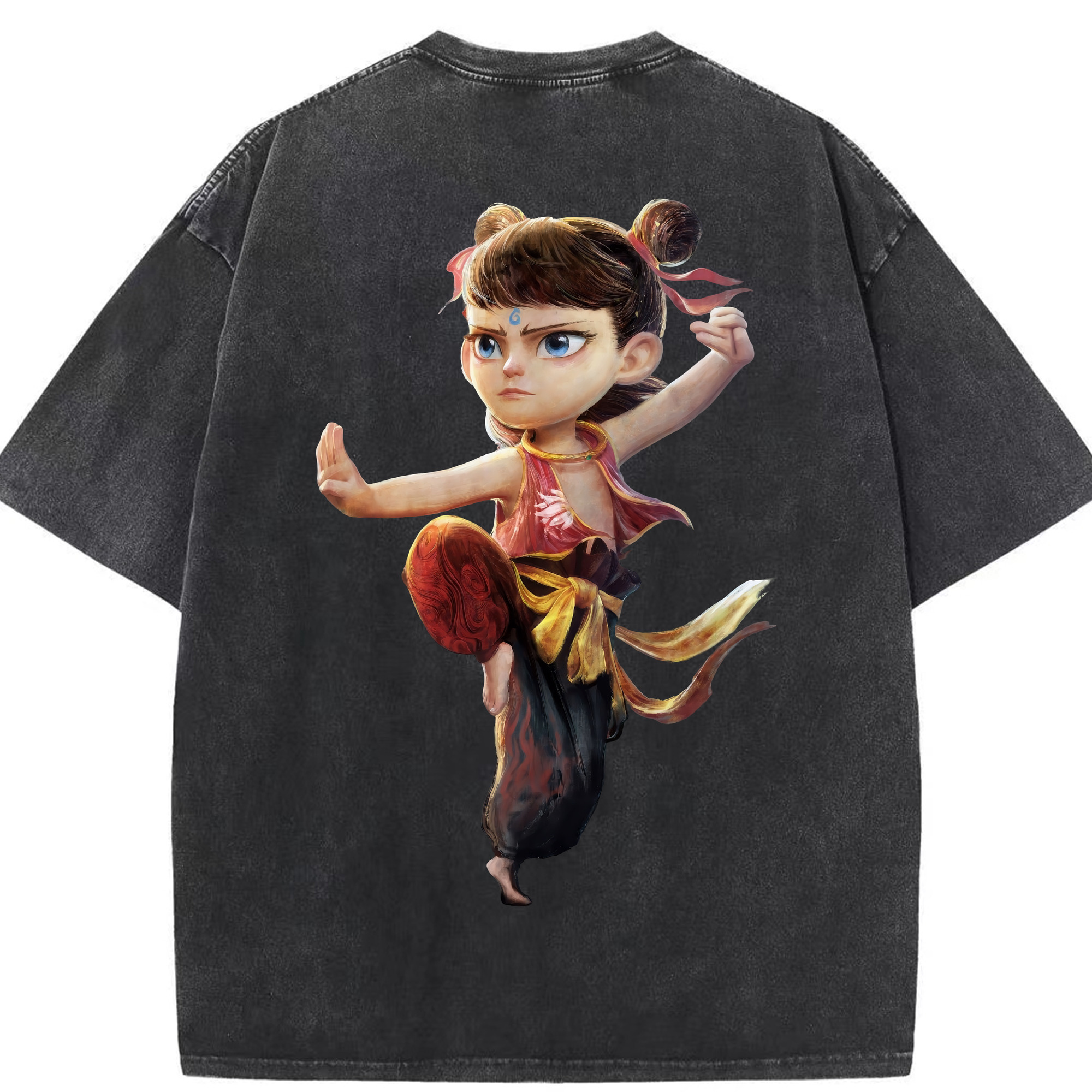 （画像用） Ne Zha 2 ナタ 魔童の大暴れ 綿100% ヴィンテージ風 半袖Tシャツ（背面プリント）