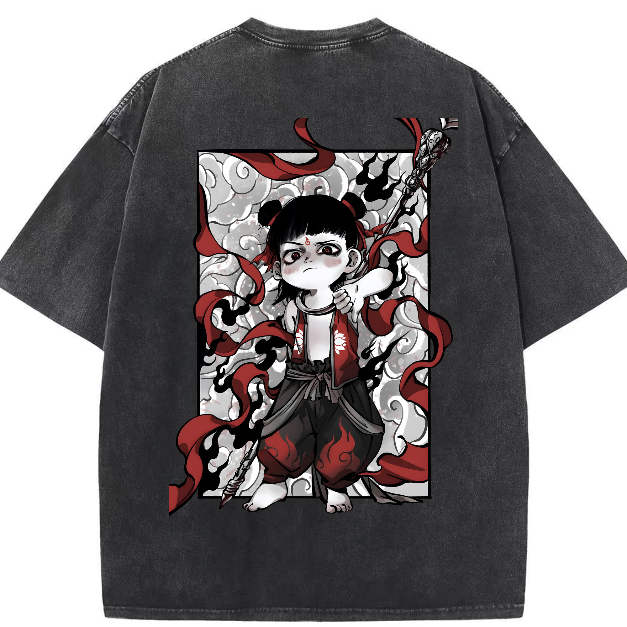 （画像用） Ne Zha 2 ナタ 魔童の大暴れ 綿100% ヴィンテージ風 半袖Tシャツ（背面プリント）