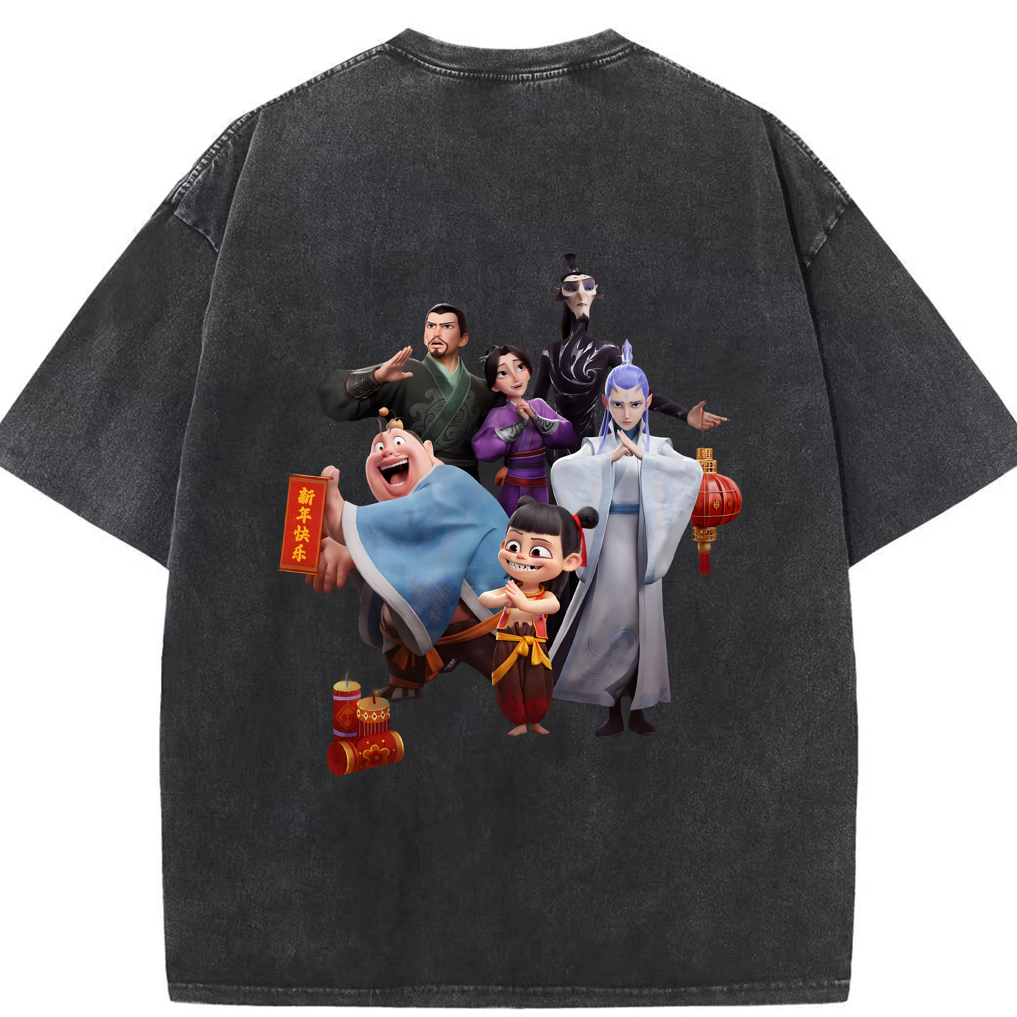 （画像用） Ne Zha 2 ナタ 魔童の大暴れ 綿100% ヴィンテージ風 半袖Tシャツ（背面プリント）