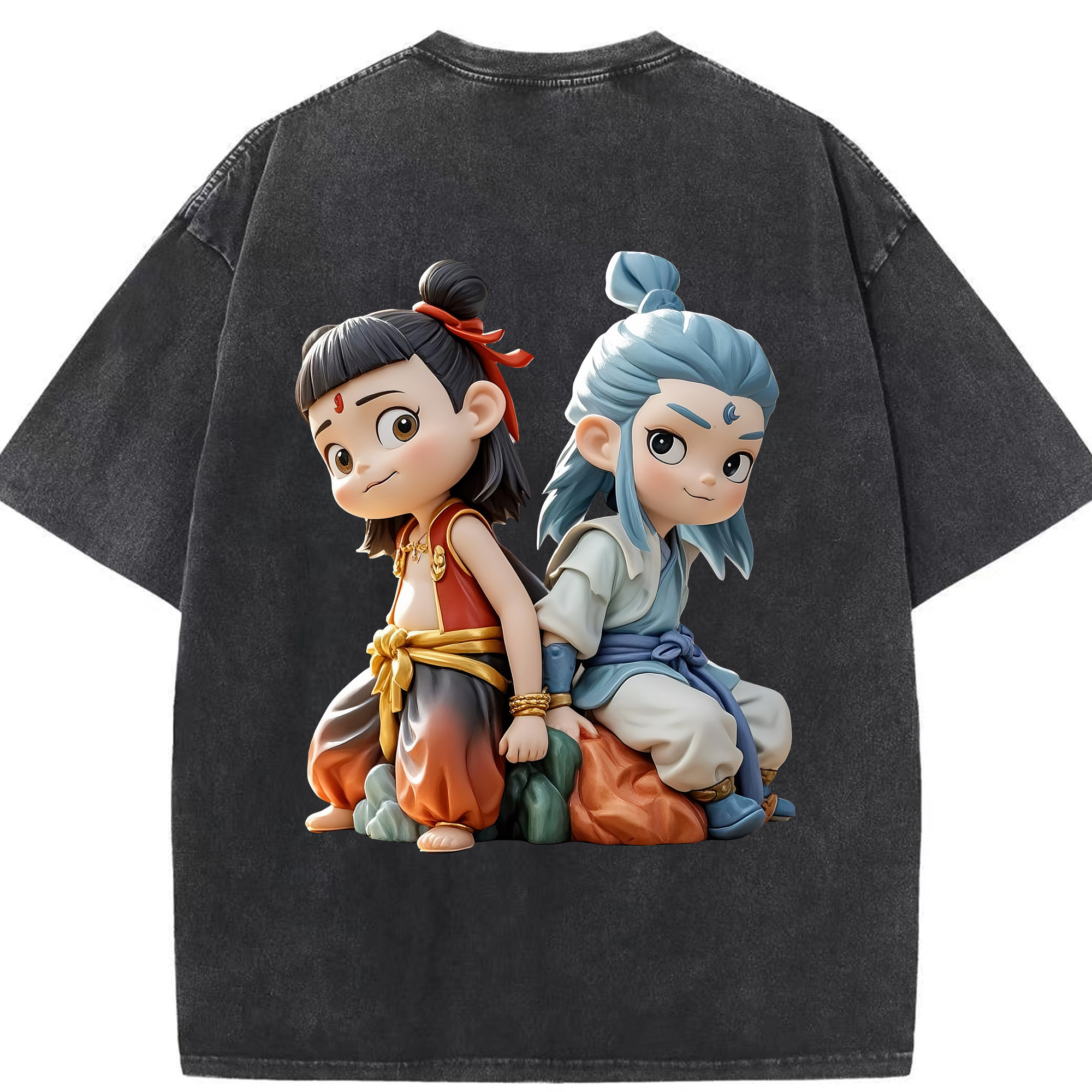 （画像用） Ne Zha 2 ナタ 魔童の大暴れ 綿100% ヴィンテージ風 半袖Tシャツ（背面プリント）