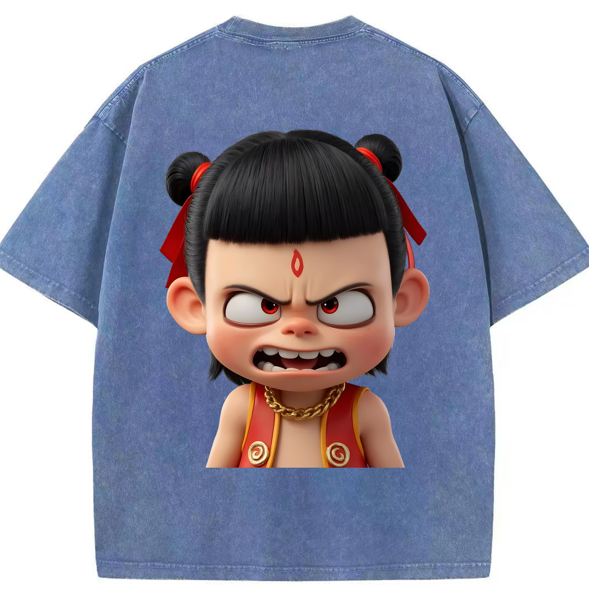 （画像用） Ne Zha 2 ナタ 魔童の大暴れ 綿100% ヴィンテージ風 半袖Tシャツ（背面プリント）