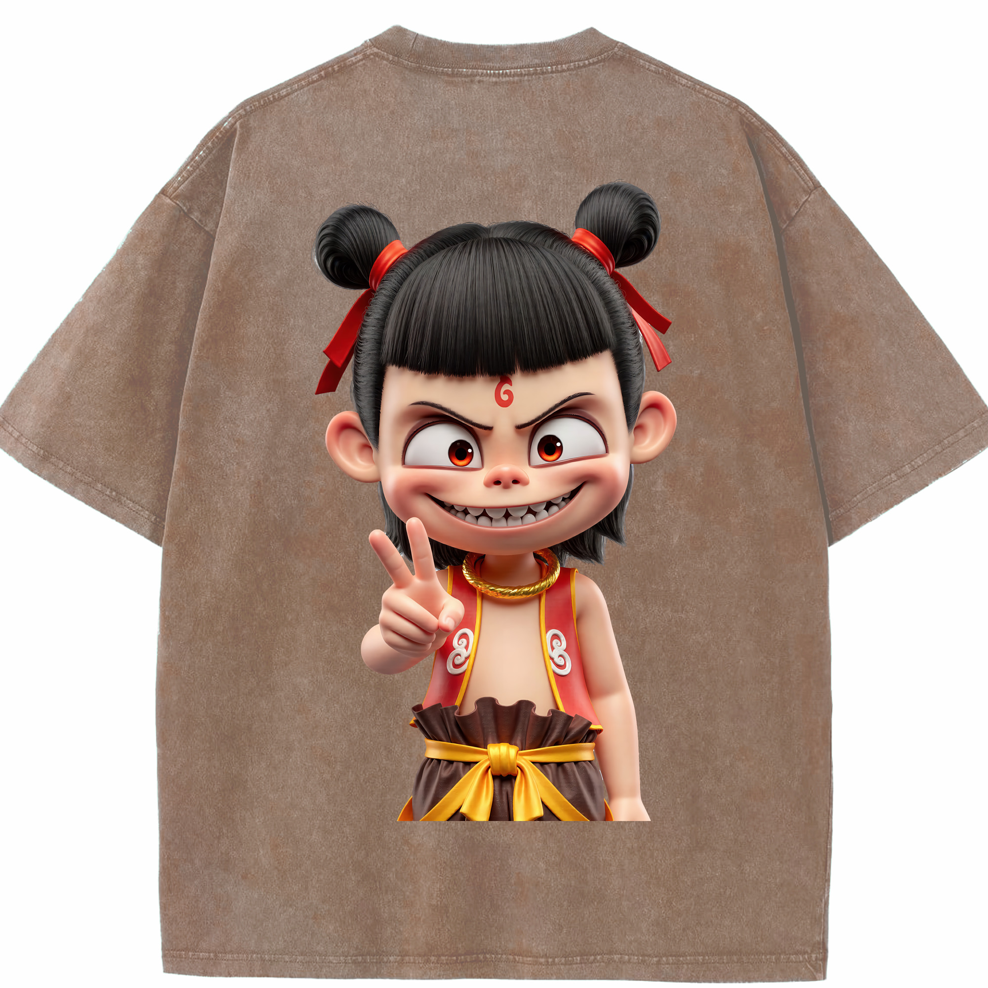 （画像用） Ne Zha 2 ナタ 魔童の大暴れ 綿100% ヴィンテージ風 半袖Tシャツ（背面プリント）
