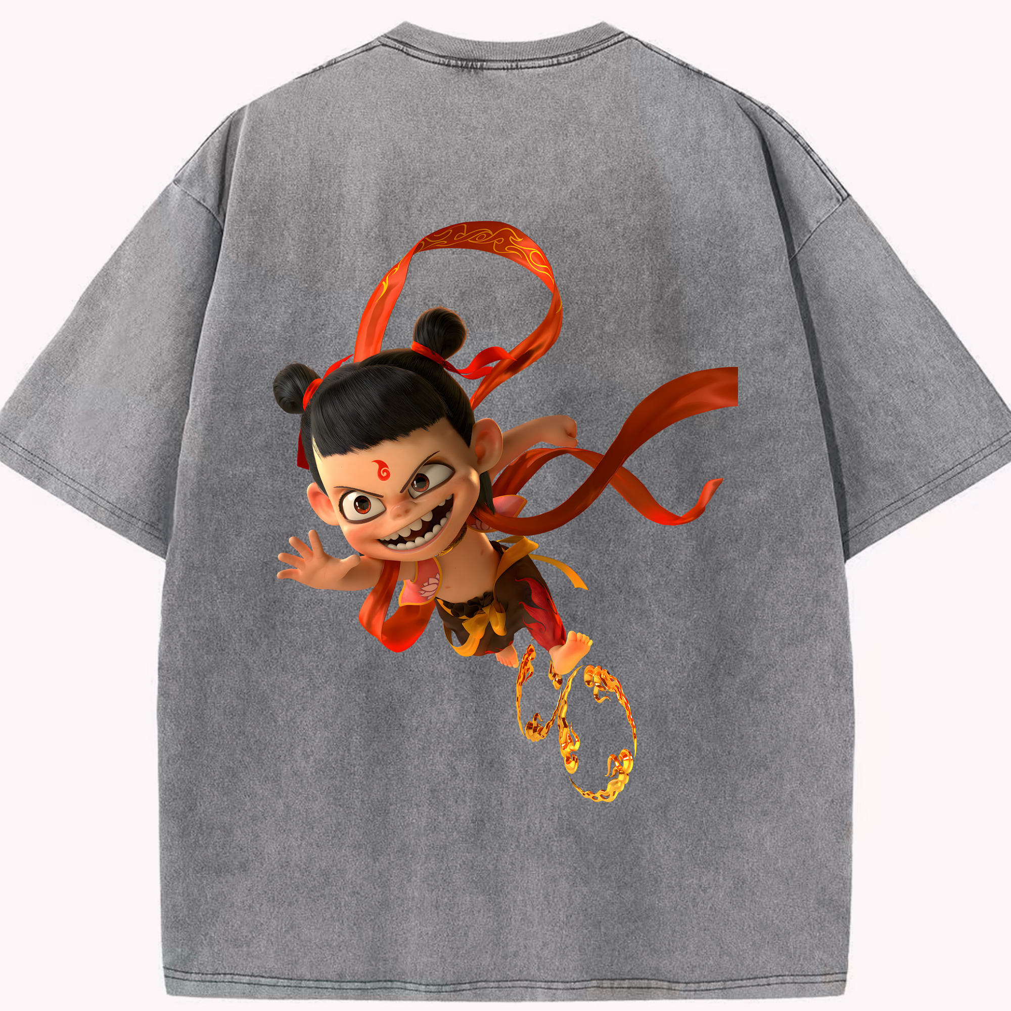 （画像用） Ne Zha 2 ナタ 魔童の大暴れ 綿100% ヴィンテージ風 半袖Tシャツ（背面プリント）