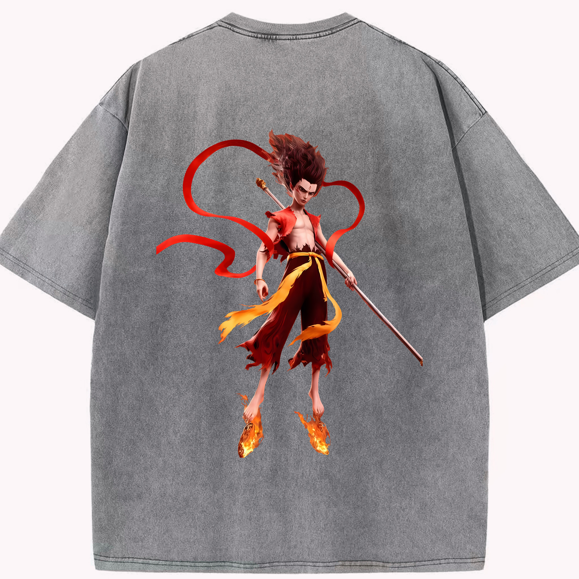 （画像用） Ne Zha 2 ナタ 魔童の大暴れ 綿100% ヴィンテージ風 半袖Tシャツ（背面プリント）