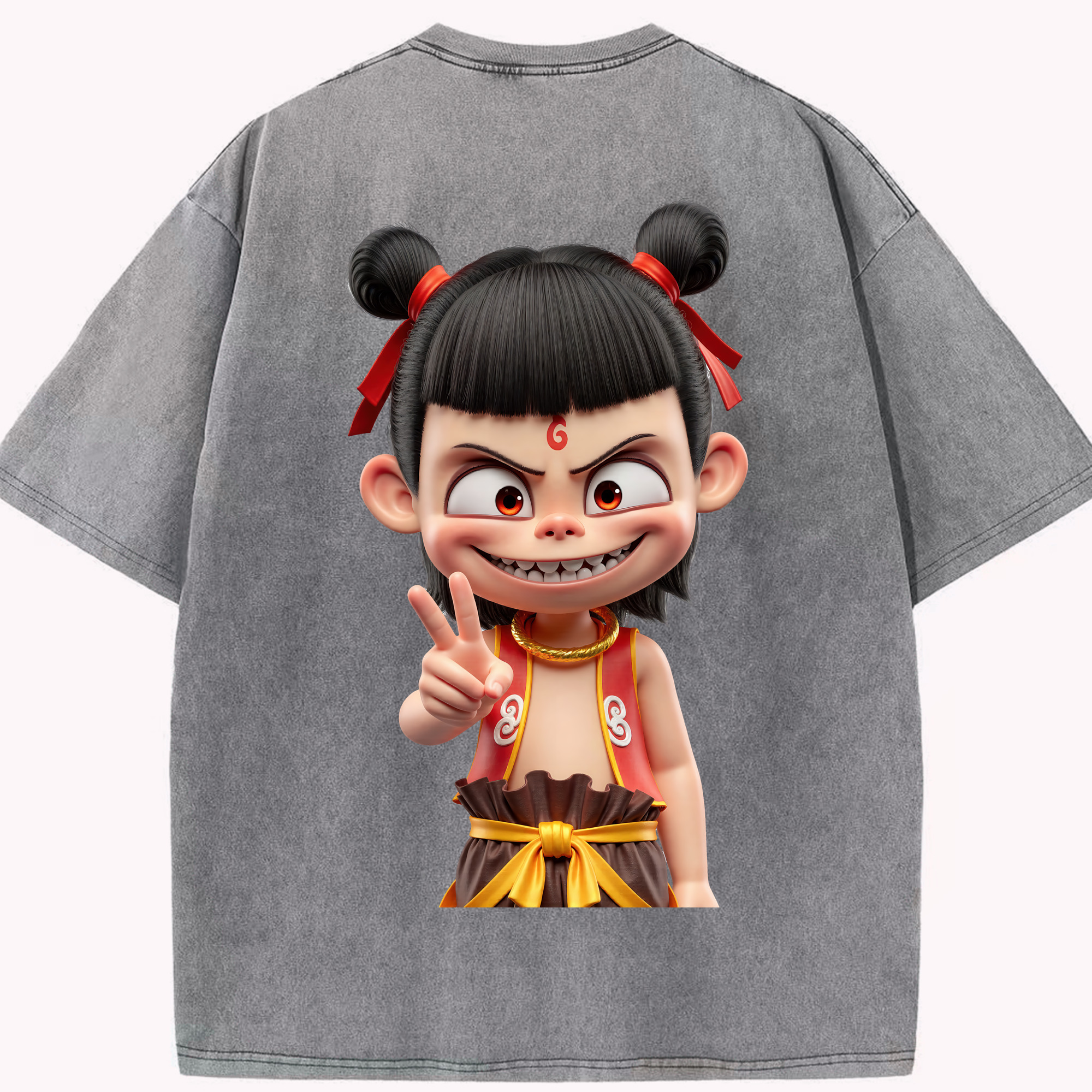 （画像用） Ne Zha 2 ナタ 魔童の大暴れ 綿100% ヴィンテージ風 半袖Tシャツ（背面プリント）
