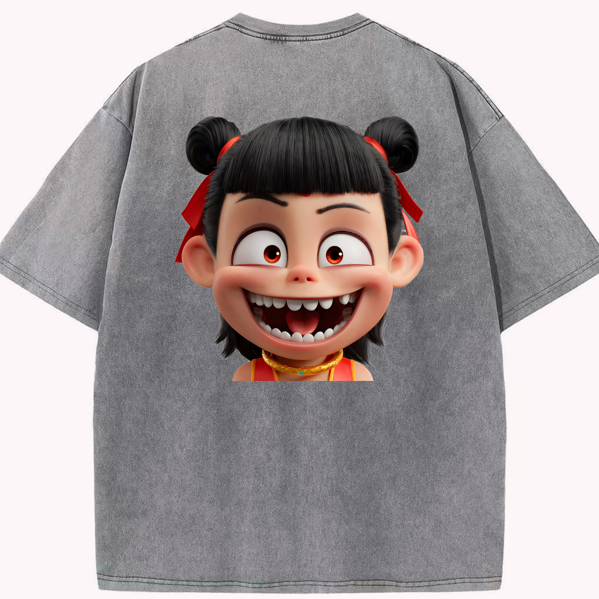 （画像用） Ne Zha 2 ナタ 魔童の大暴れ 綿100% ヴィンテージ風 半袖Tシャツ（背面プリント）