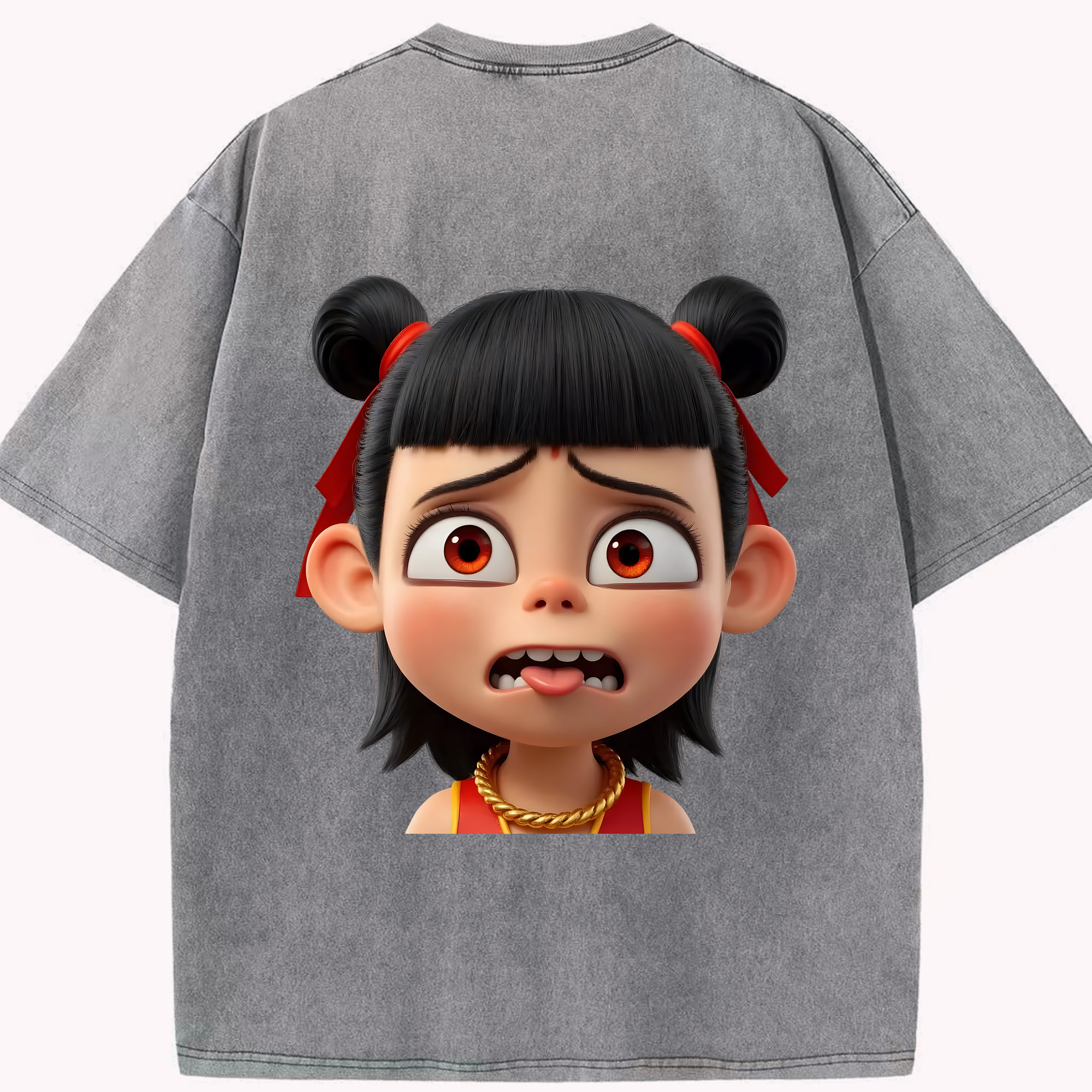 （画像用） Ne Zha 2 ナタ 魔童の大暴れ 綿100% ヴィンテージ風 半袖Tシャツ（背面プリント）