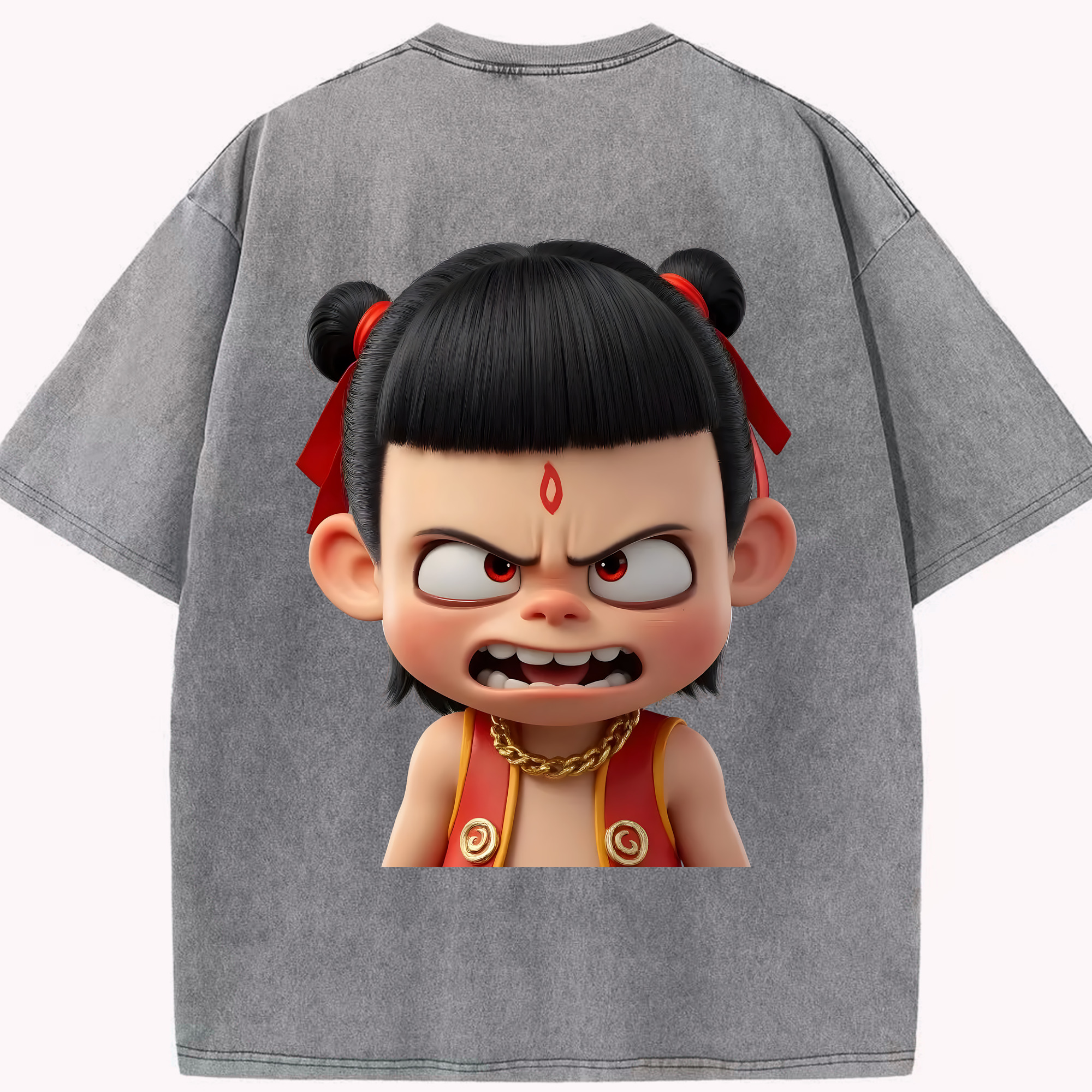 （画像用） Ne Zha 2 ナタ 魔童の大暴れ 綿100% ヴィンテージ風 半袖Tシャツ（背面プリント）