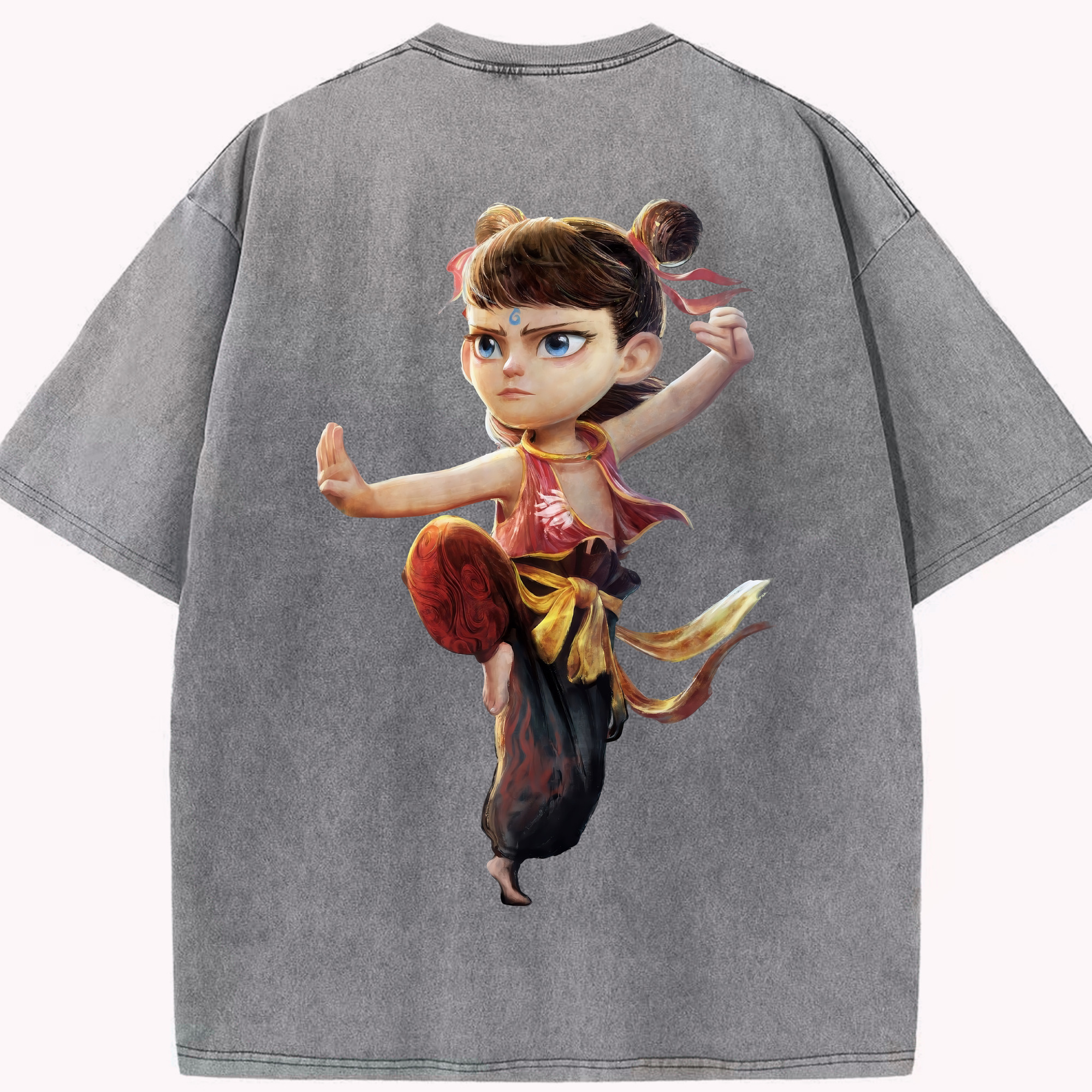 （画像用） Ne Zha 2 ナタ 魔童の大暴れ 綿100% ヴィンテージ風 半袖Tシャツ（背面プリント）