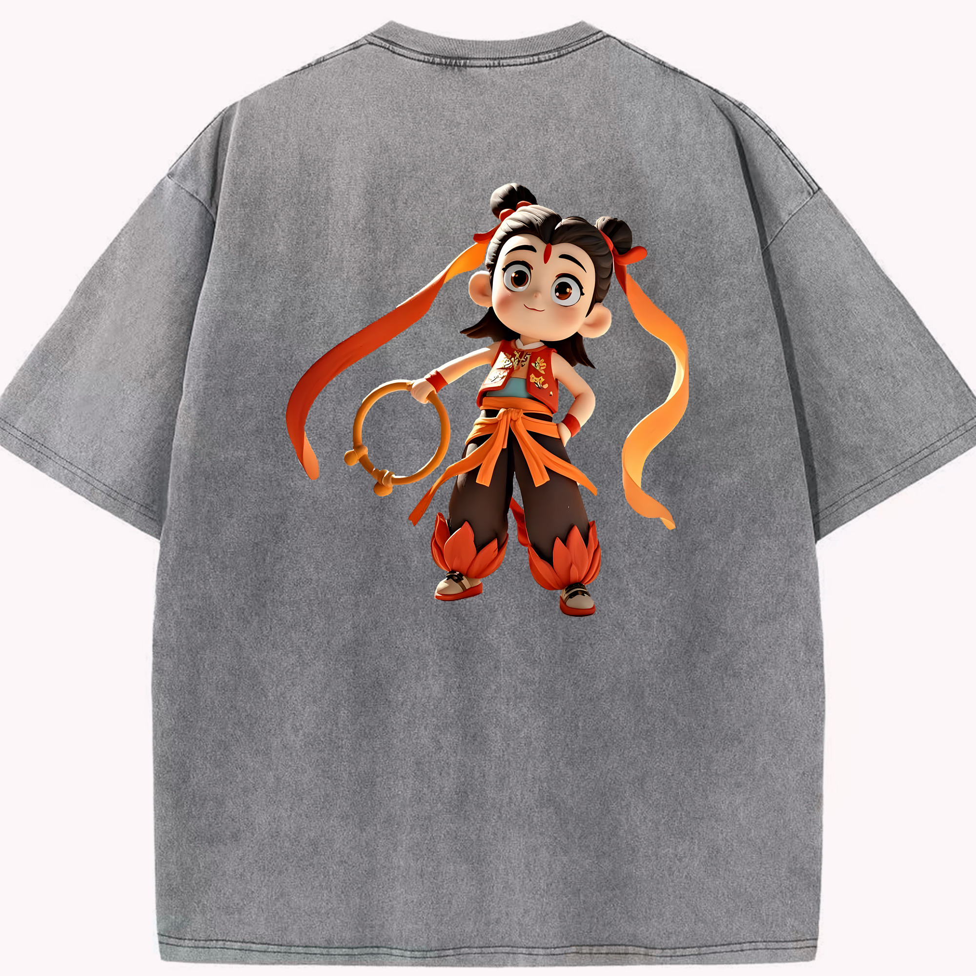 （画像用） Ne Zha 2 ナタ 魔童の大暴れ 綿100% ヴィンテージ風 半袖Tシャツ（背面プリント）