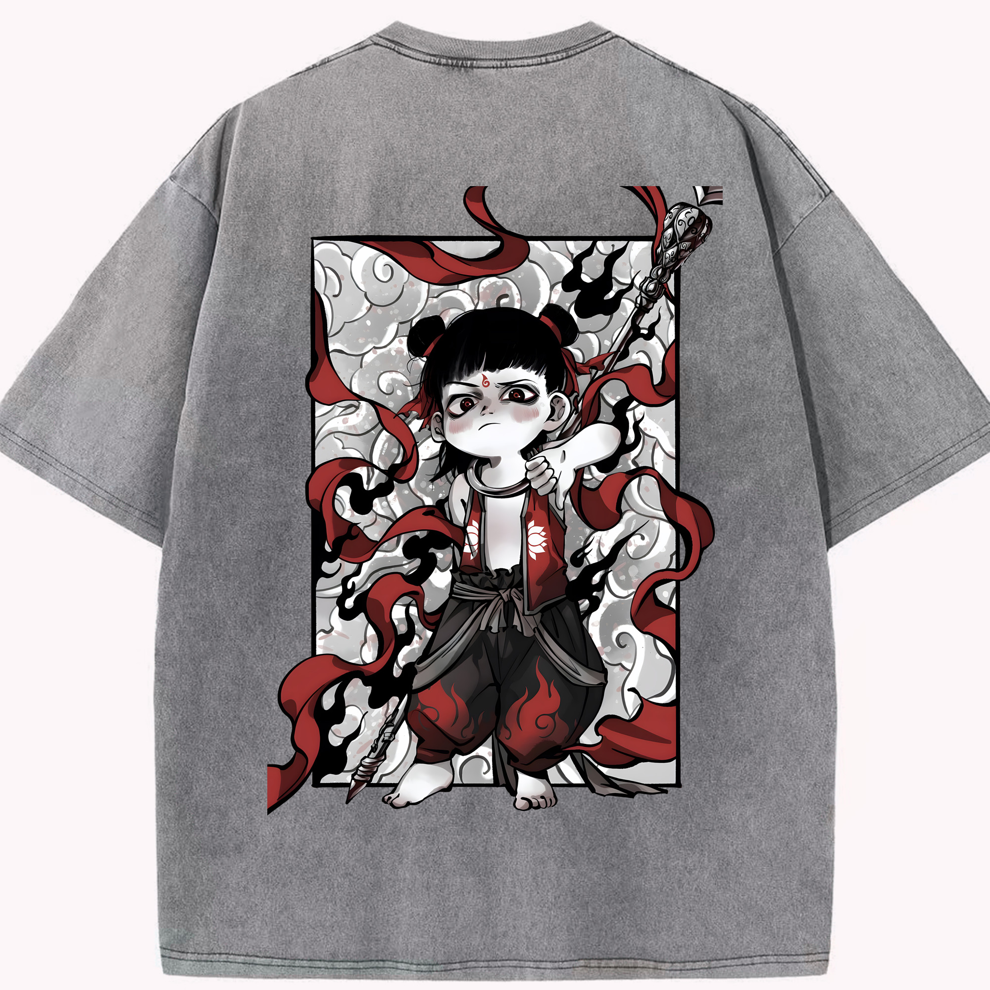 （画像用） Ne Zha 2 ナタ 魔童の大暴れ 綿100% ヴィンテージ風 半袖Tシャツ（背面プリント）