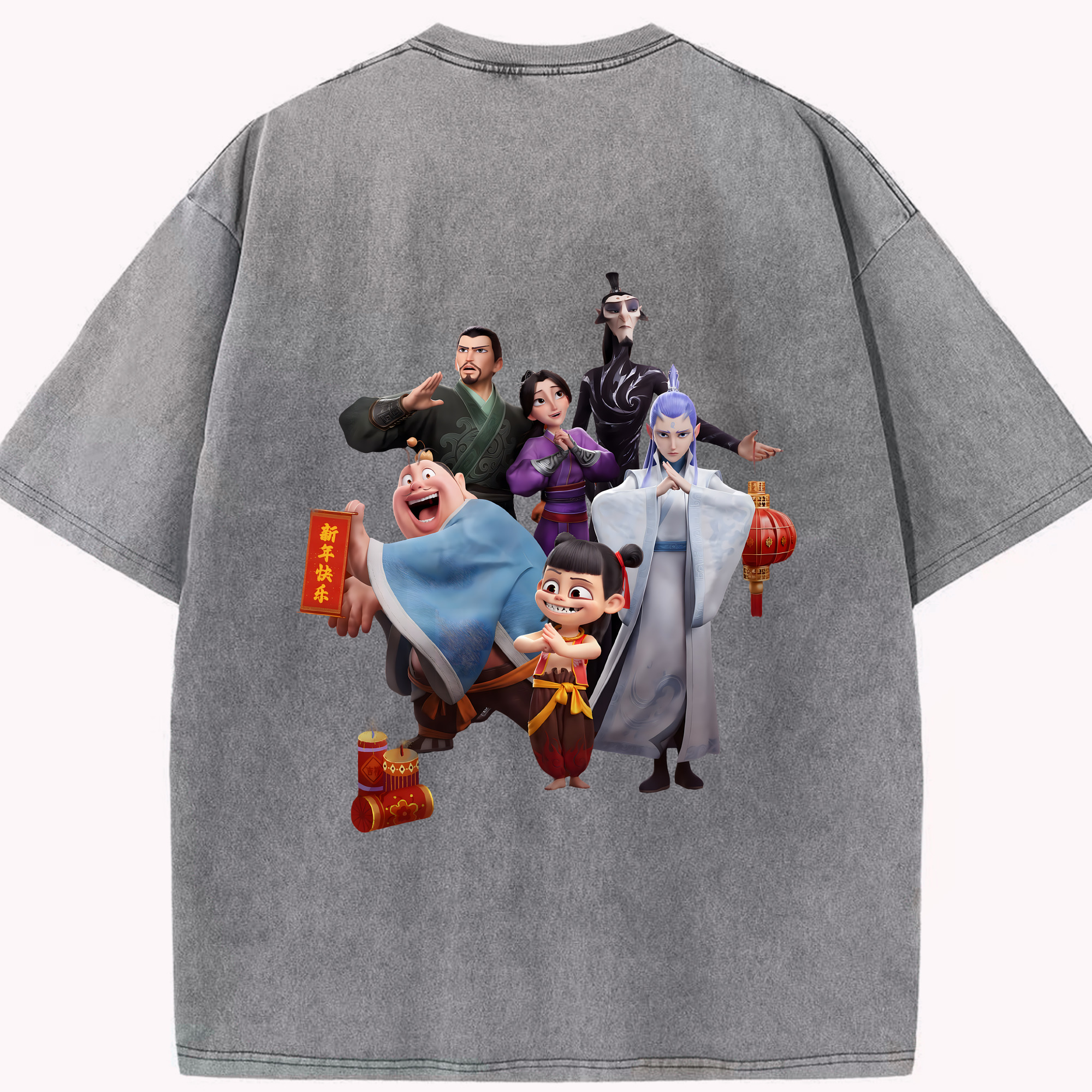 （画像用） Ne Zha 2 ナタ 魔童の大暴れ 綿100% ヴィンテージ風 半袖Tシャツ（背面プリント）