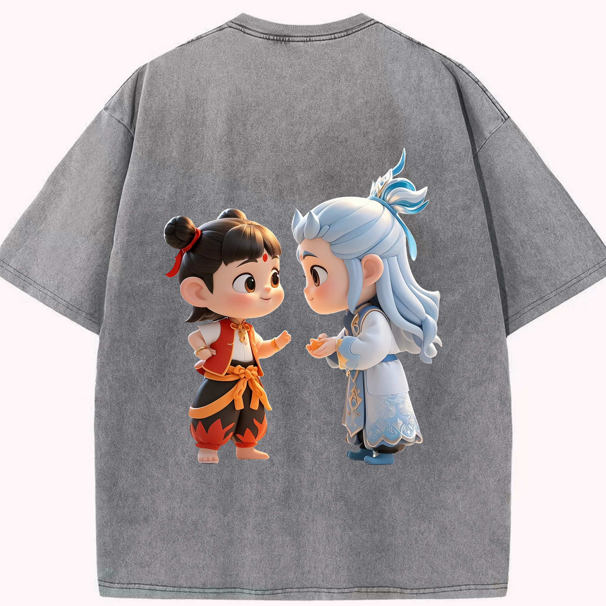 （画像用） Ne Zha 2 ナタ 魔童の大暴れ 綿100% ヴィンテージ風 半袖Tシャツ（背面プリント）