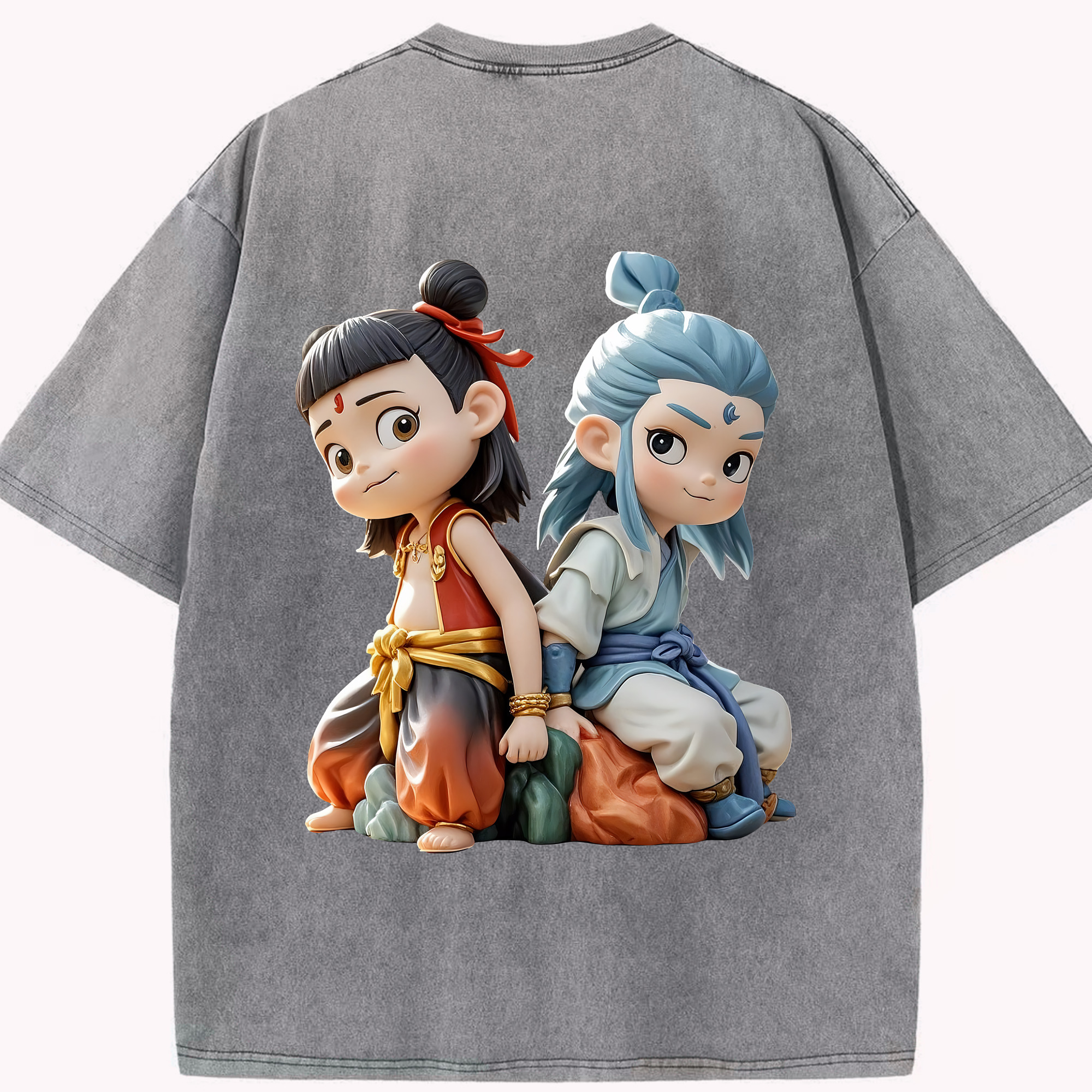 （画像用） Ne Zha 2 ナタ 魔童の大暴れ 綿100% ヴィンテージ風 半袖Tシャツ（背面プリント）