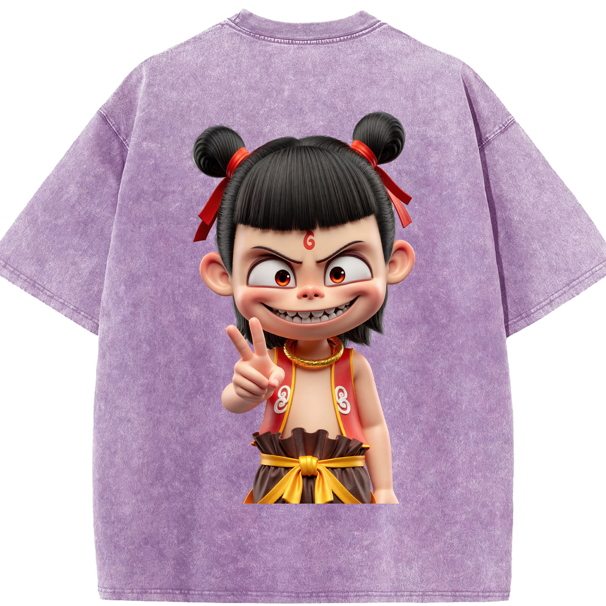（画像用） Ne Zha 2 ナタ 魔童の大暴れ 綿100% ヴィンテージ風 半袖Tシャツ（背面プリント）