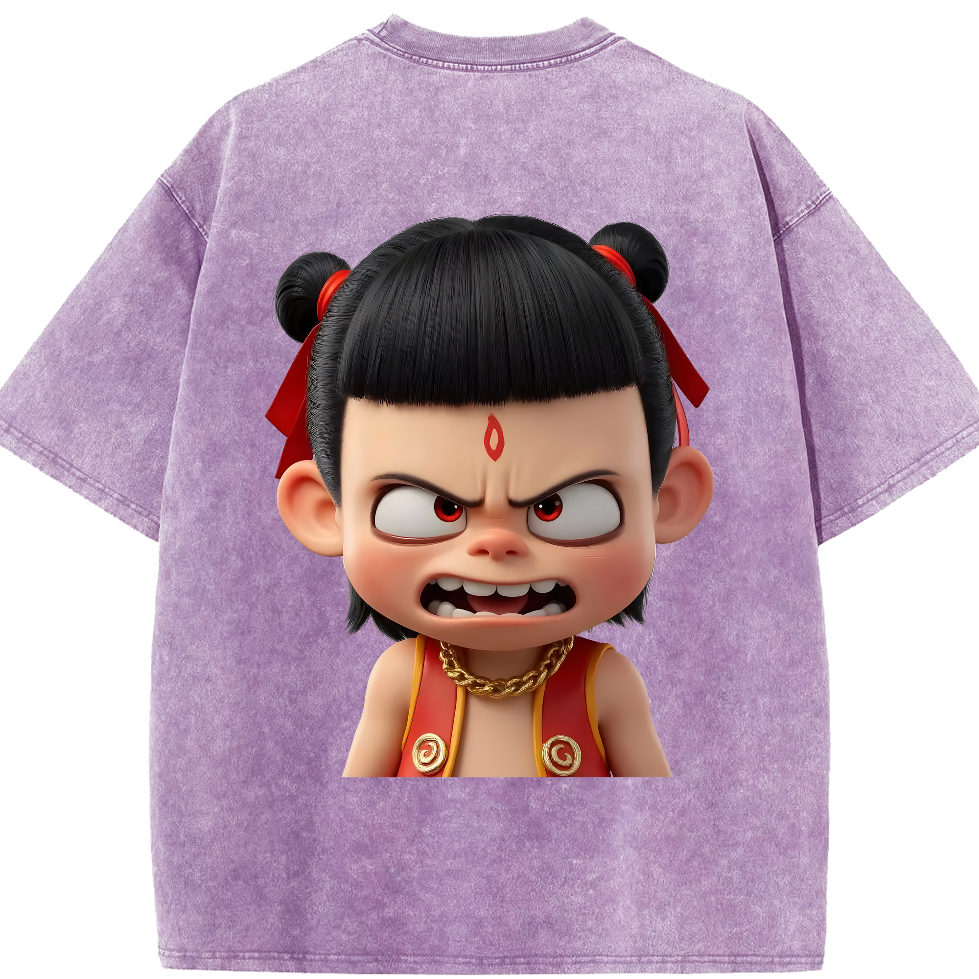 （画像用） Ne Zha 2 ナタ 魔童の大暴れ 綿100% ヴィンテージ風 半袖Tシャツ（背面プリント）