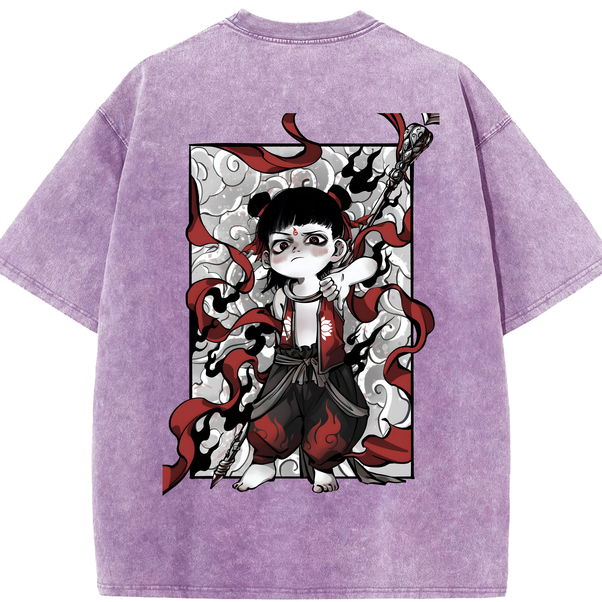 （画像用） Ne Zha 2 ナタ 魔童の大暴れ 綿100% ヴィンテージ風 半袖Tシャツ（背面プリント）