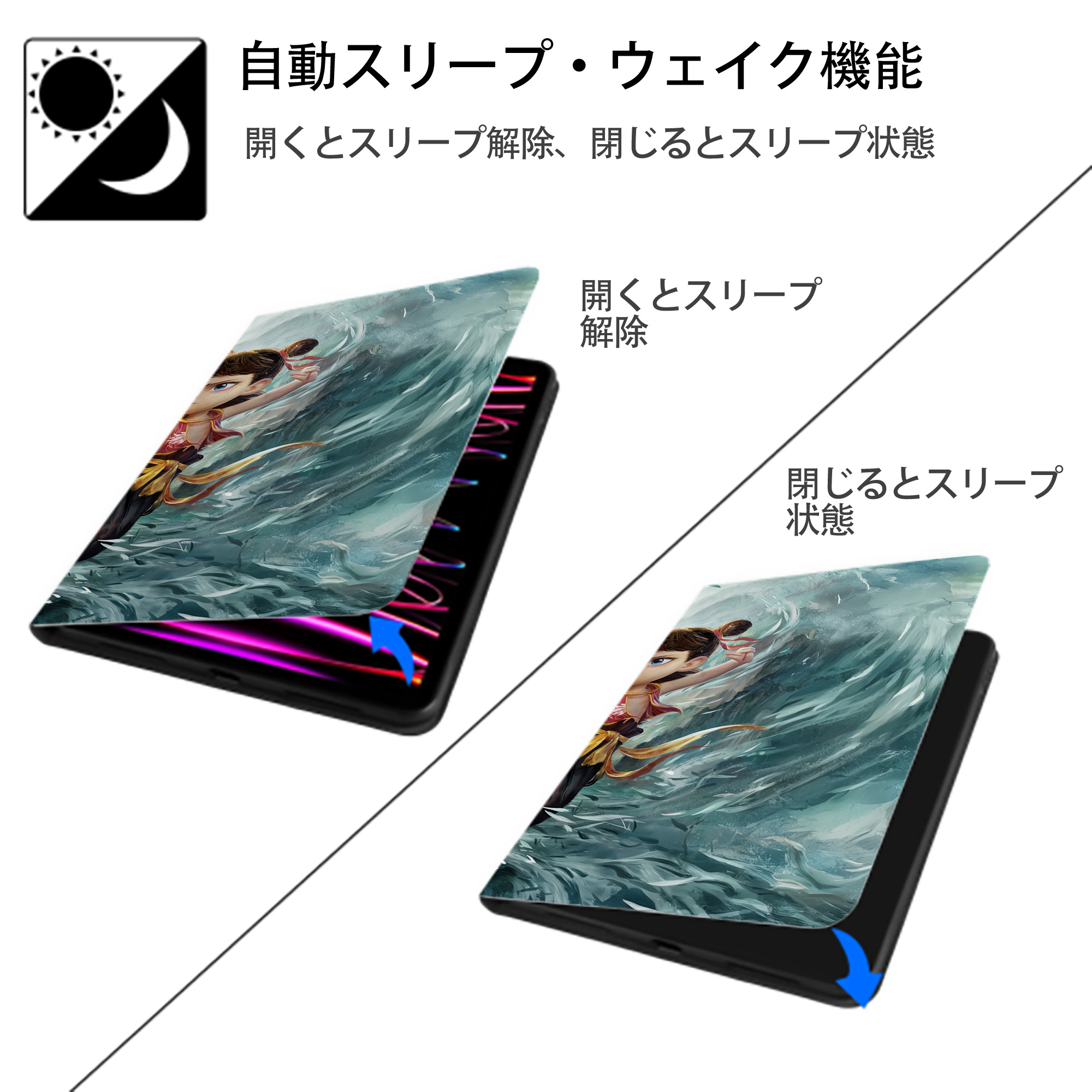 Ne Zha 2 ナタ 魔童の大暴れ IPad ケース ブック型 PUレザー TPU 耐衝撃 軽量 薄型 ペン収納なし 全面保護 IPad 各モデル対応