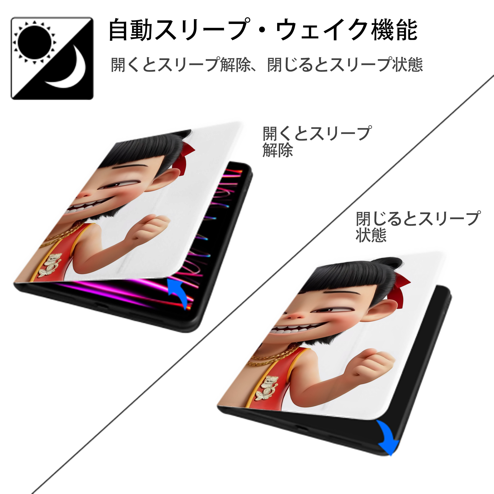 Ne Zha 2 ナタ 魔童の大暴れ IPad ケース ブック型 PUレザー TPU 耐衝撃 軽量 薄型 ペン収納なし 全面保護 IPad 各モデル対応