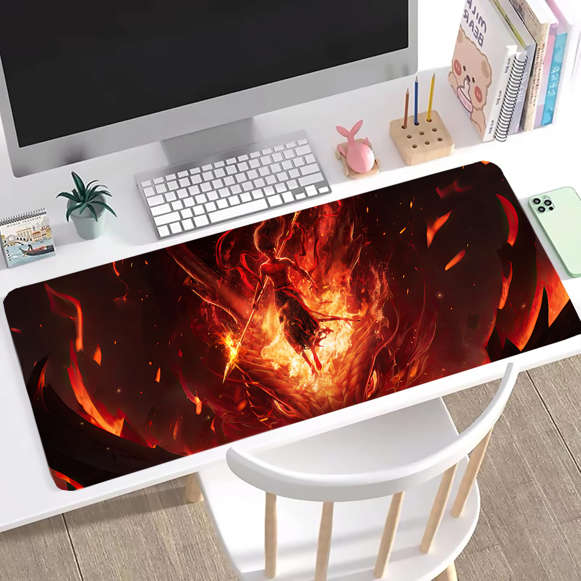 （画像用） Ne Zha 2 ナタ 魔童の大暴れ ステッチ加工 大判デスクマット／滑り止めマウスパッド