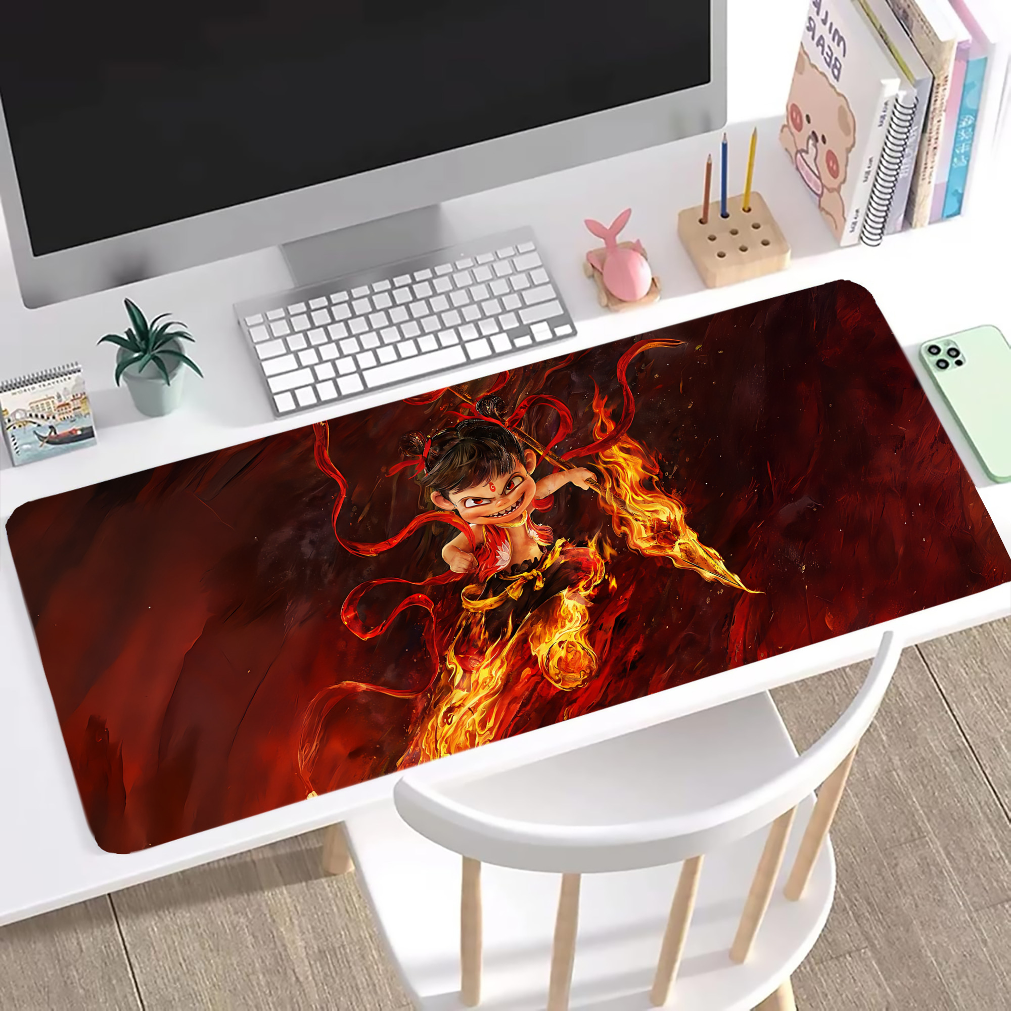 （画像用） Ne Zha 2 ナタ 魔童の大暴れ ステッチ加工 大判デスクマット／滑り止めマウスパッド