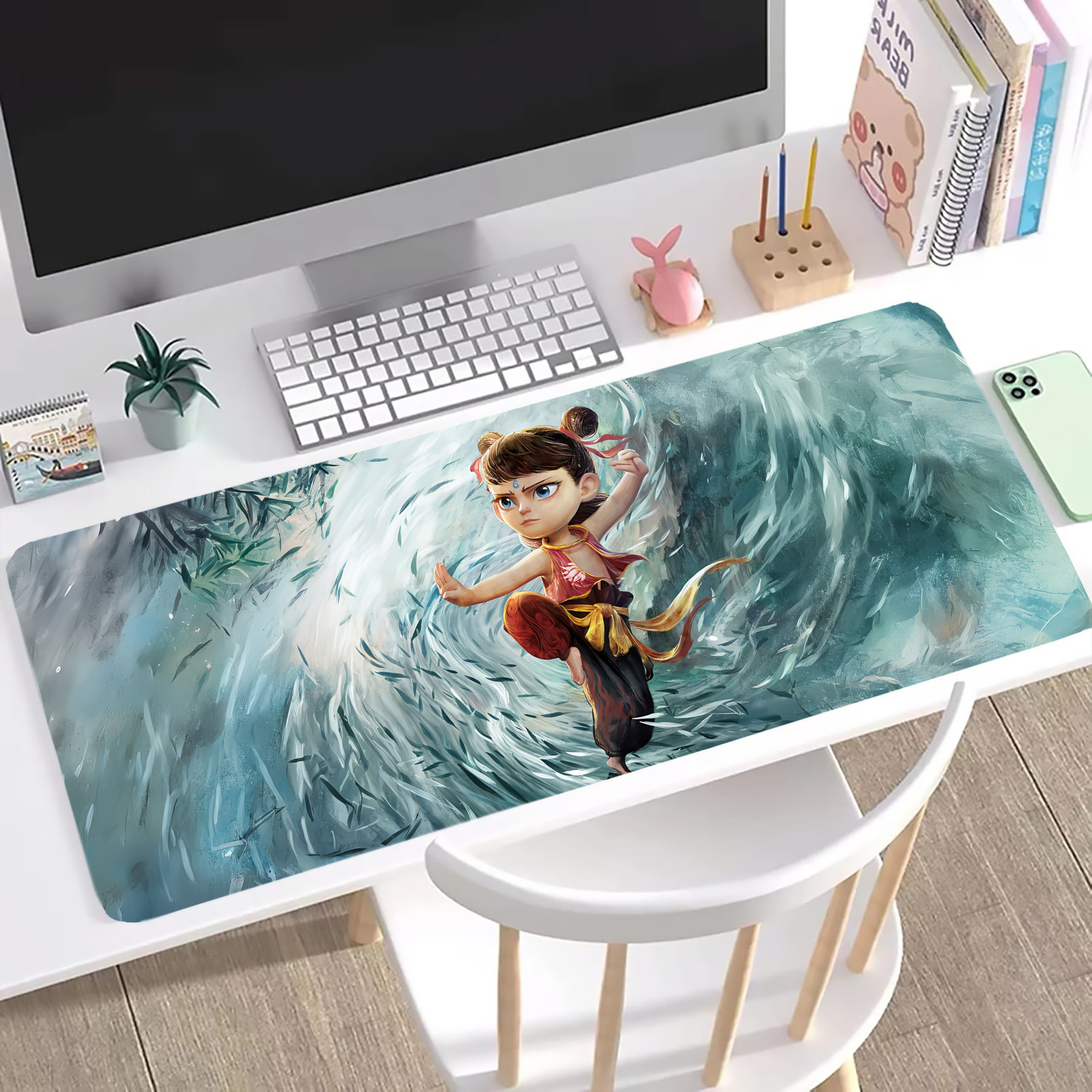（画像用） Ne Zha 2 ナタ 魔童の大暴れ ステッチ加工 大判デスクマット／滑り止めマウスパッド