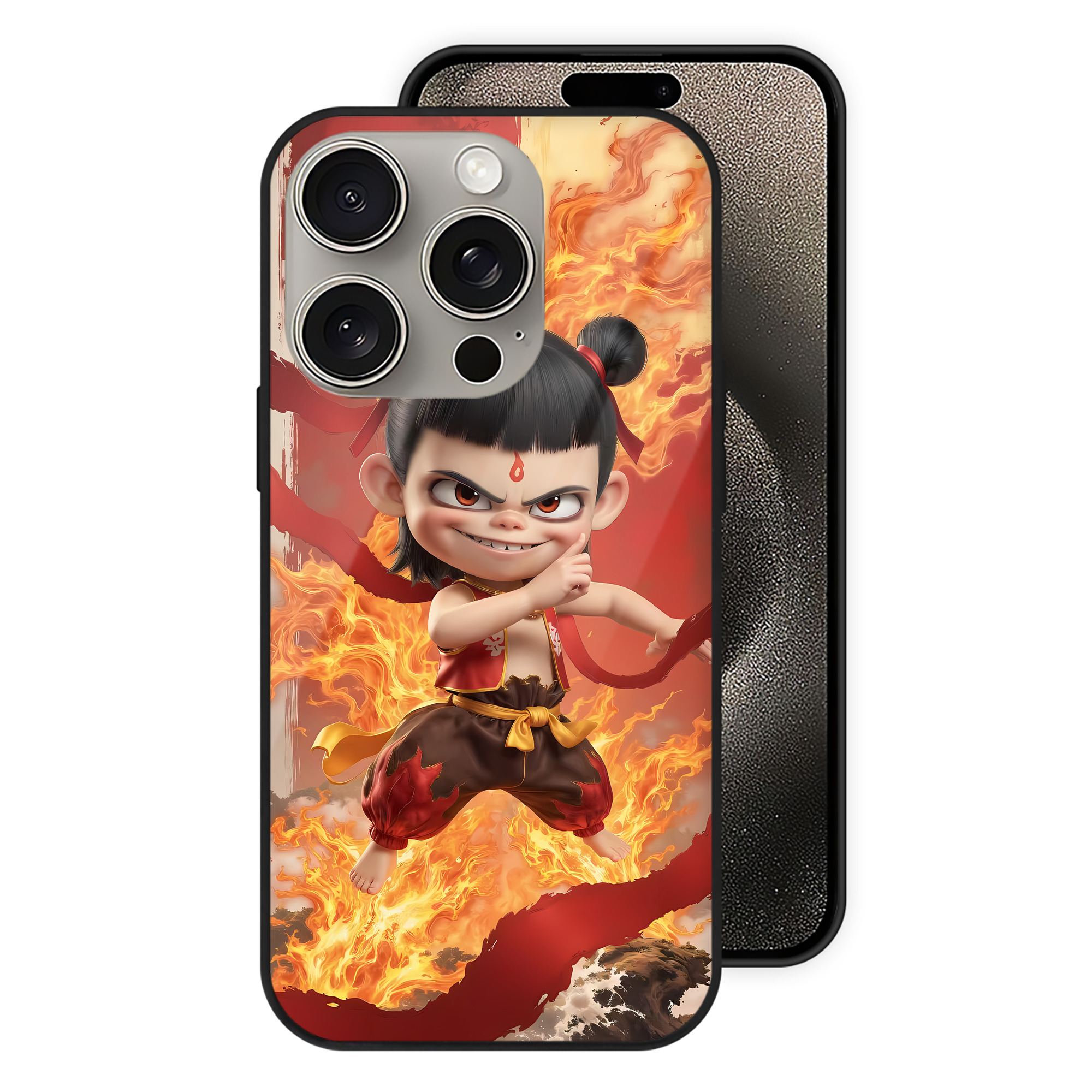 （画像用） Ne Zha 2 ナタ 魔童の大暴れ 【iPhone15Pro対応】スマホケース 耐衝撃＆黄変防止 背面ガラス