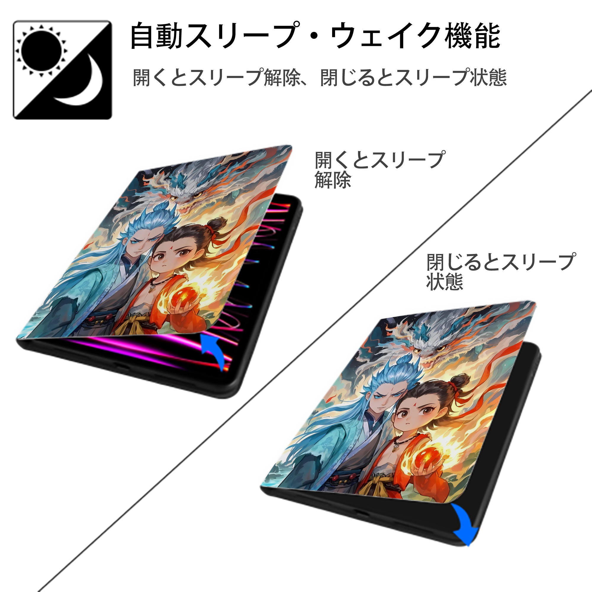 Ne Zha 2 ナタ 魔童の大暴れ IPad ケース ペン収納付き 三つ折りスタンド PUレザー×シリコン 対応機種9.5/10.5/10.9インチ