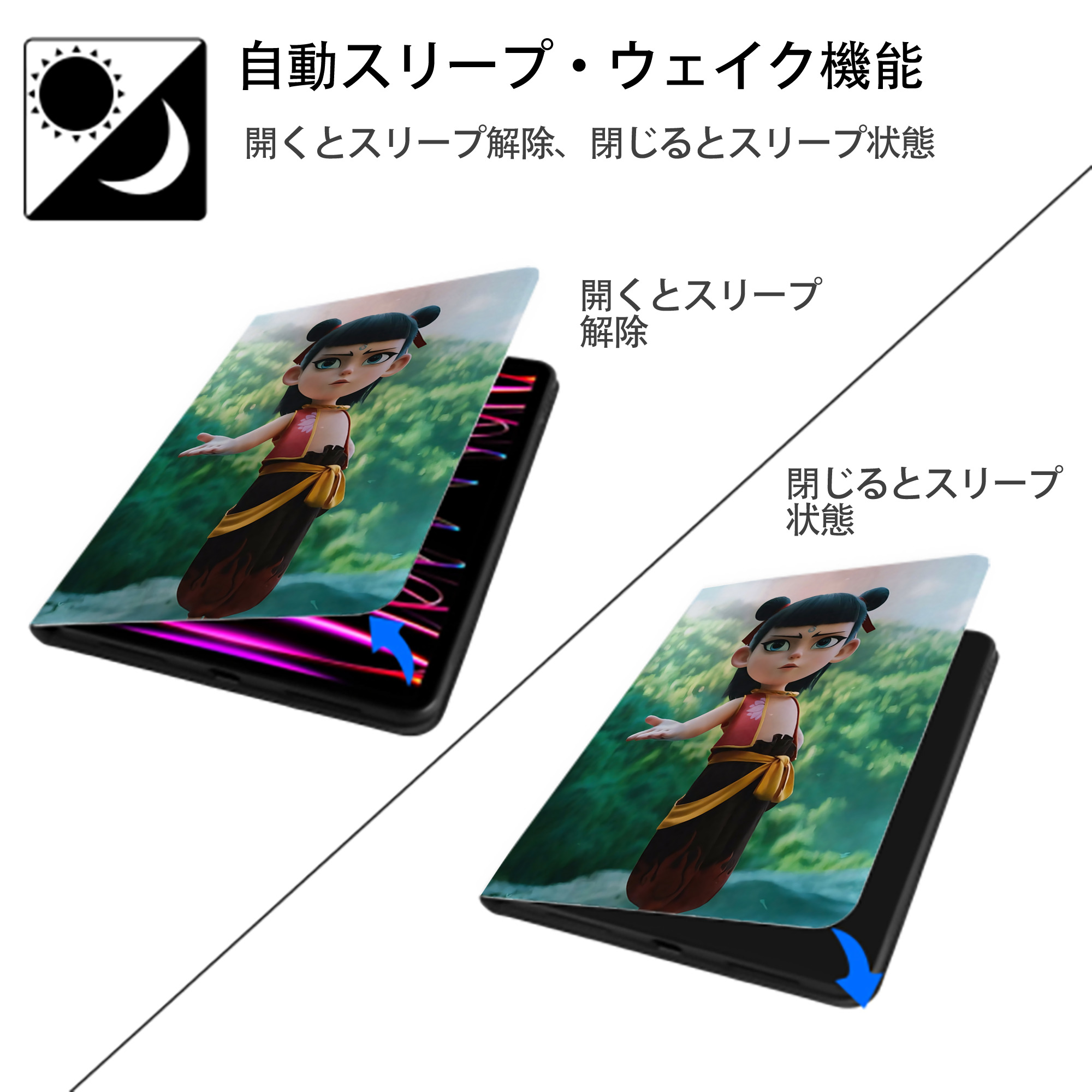Ne Zha 2 ナタ 魔童の大暴れ IPad ケース ペン収納付き 三つ折りスタンド PUレザー×シリコン 対応機種9.5/10.5/10.9インチ