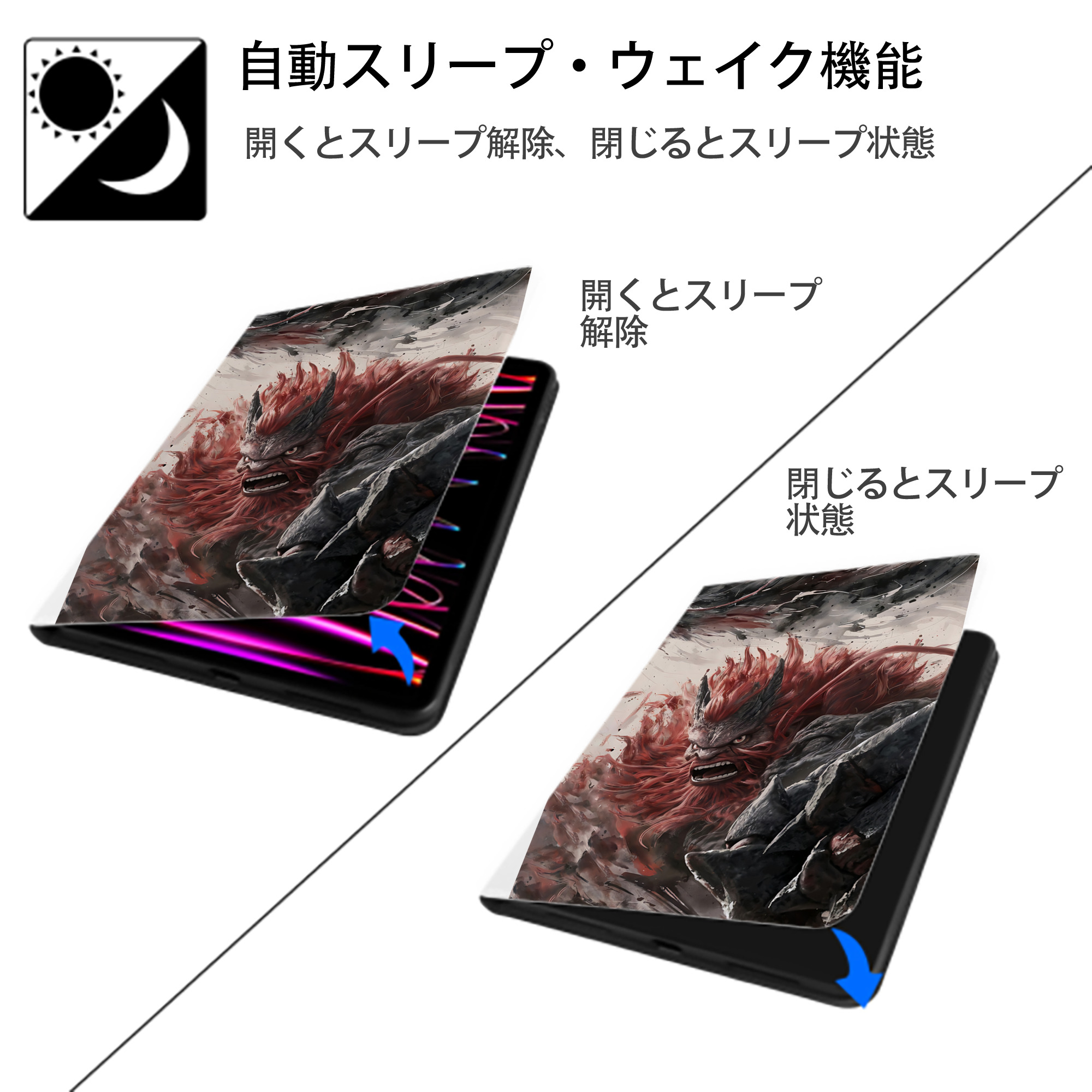 Ne Zha 2 ナタ 魔童の大暴れ IPad ケース ペン収納付き 三つ折りスタンド PUレザー×シリコン 対応機種9.5/10.5/10.9インチ